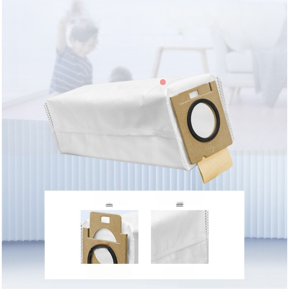 Sac à poussière blanc avec buse en carton, sur fond flou d'enfant.