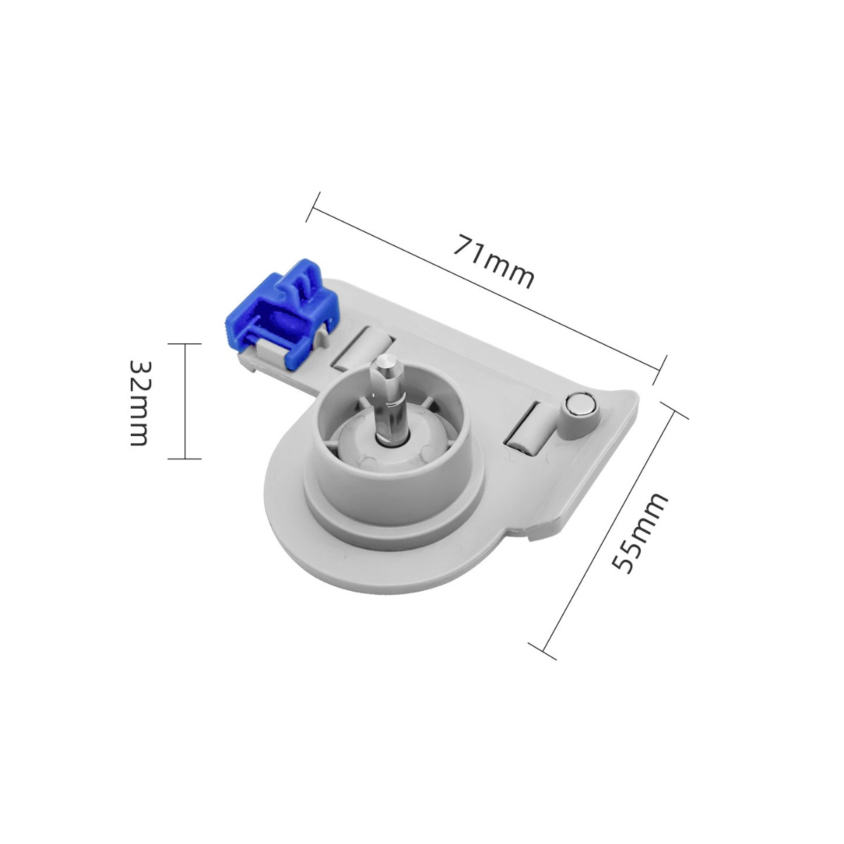 Pièce grise avec clip bleu, broche métallique, dimensions 71x55x32mm.