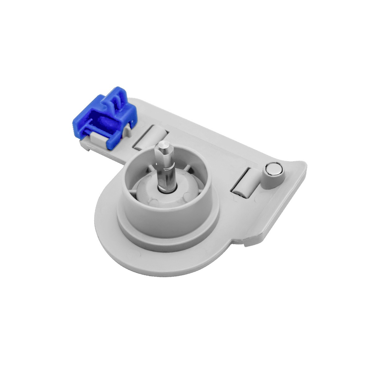 Pièce en plastique grise avec un clip bleu et un axe métallique au centre.