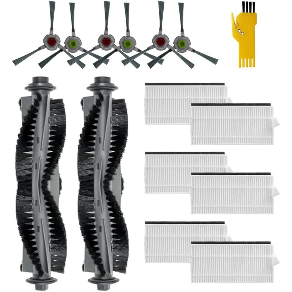 Brosses de nettoyage, filtres et un outil jaune pour aspirateur.