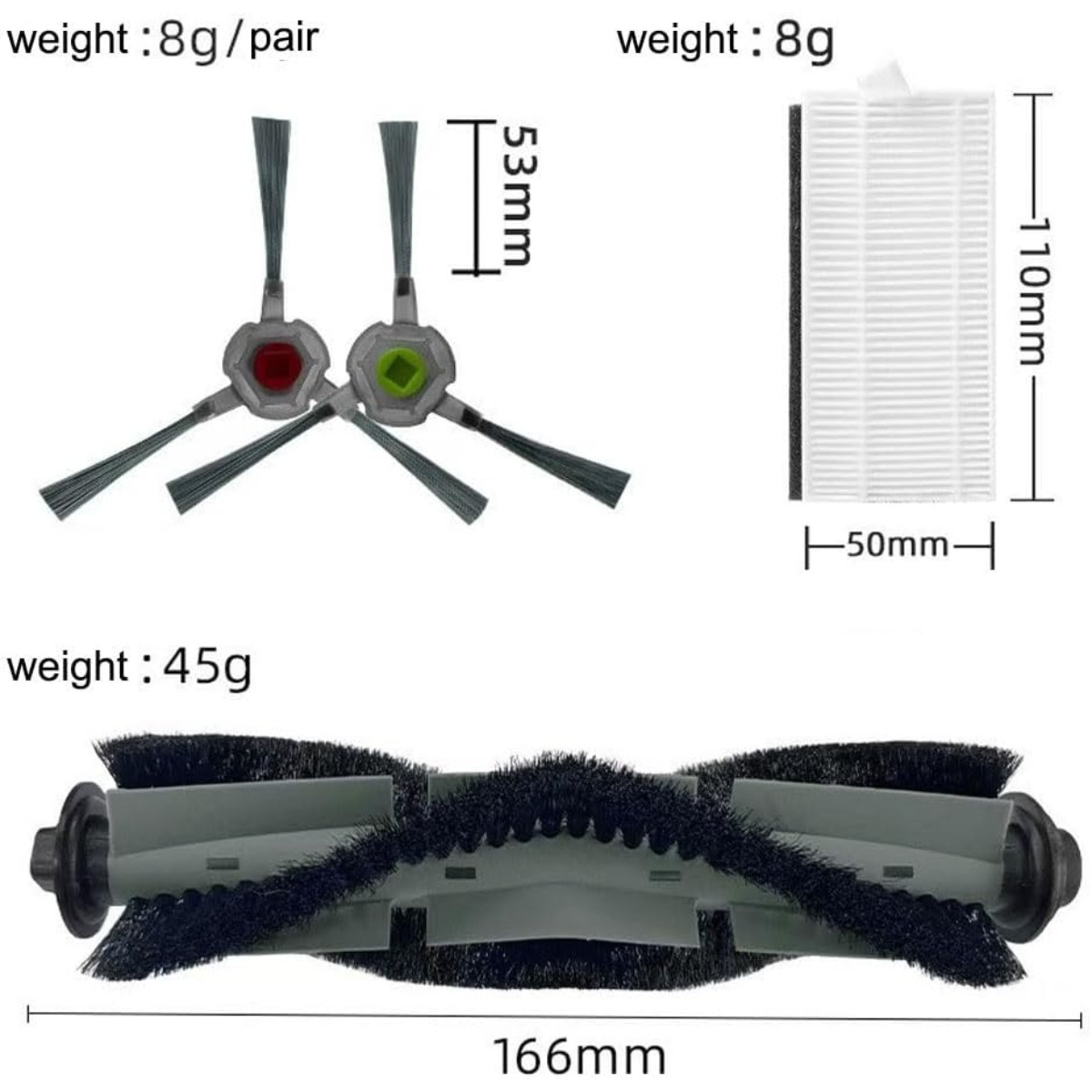 Deux têtes de brosse, un filtre et une brosse principale avec dimensions.