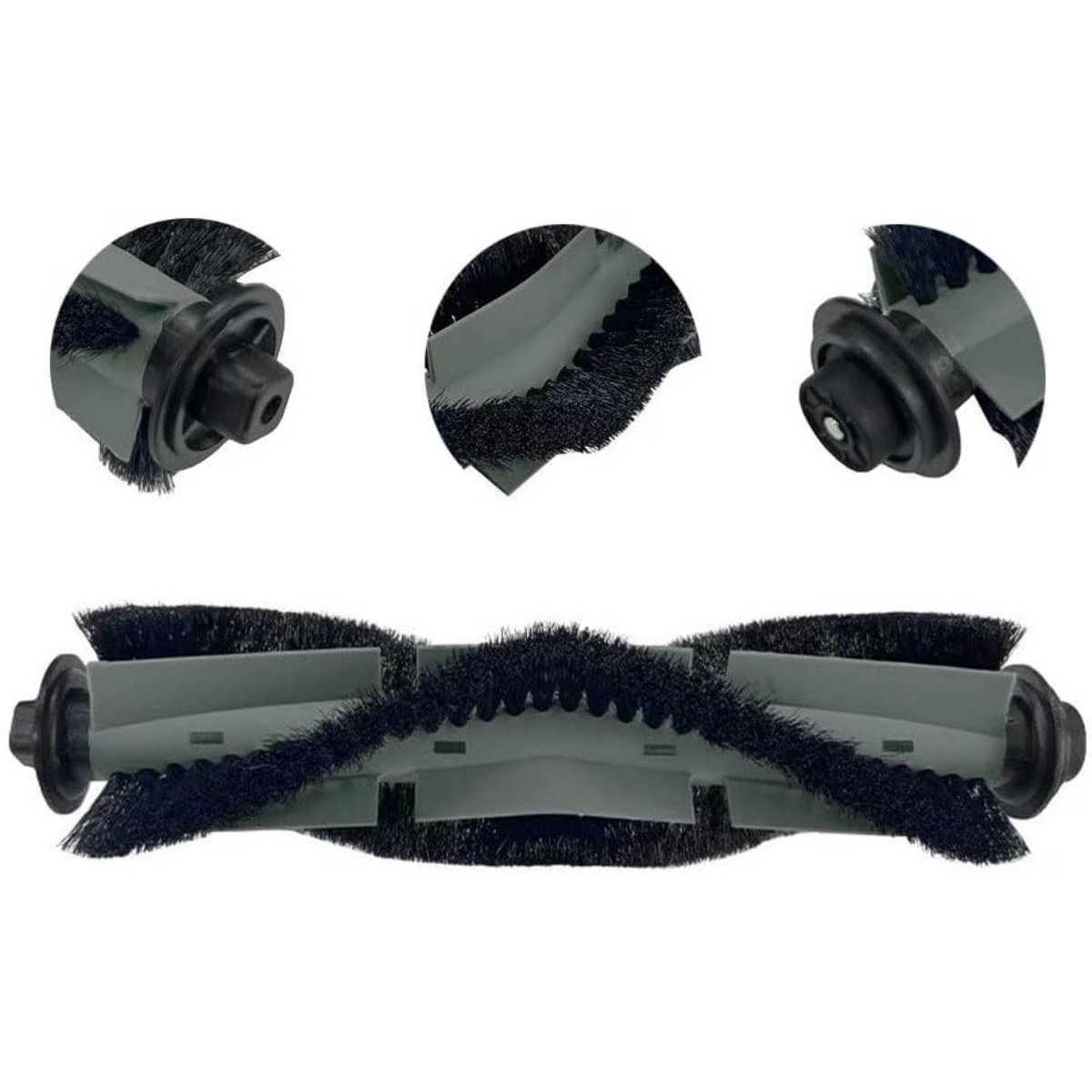 Une tête de brosse d'aspirateur avec des poils noirs et un boîtier gris.