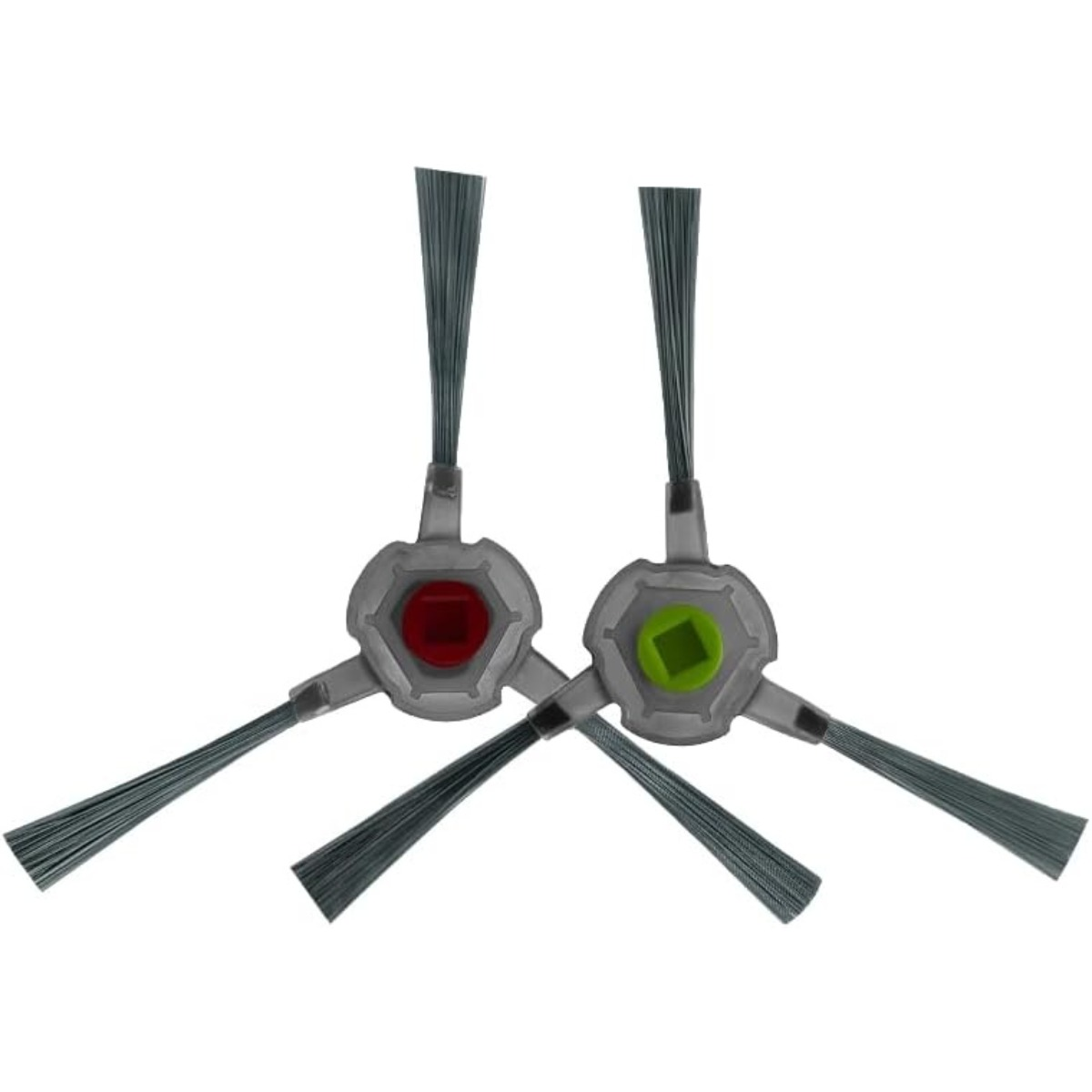Deux brosses latérales pour aspirateur robot avec poils gris et accents rouges/verts.
