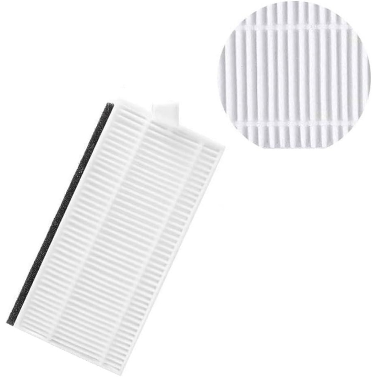 Un filtre à poussière blanc avec bordure noire et un gros plan du filtre.