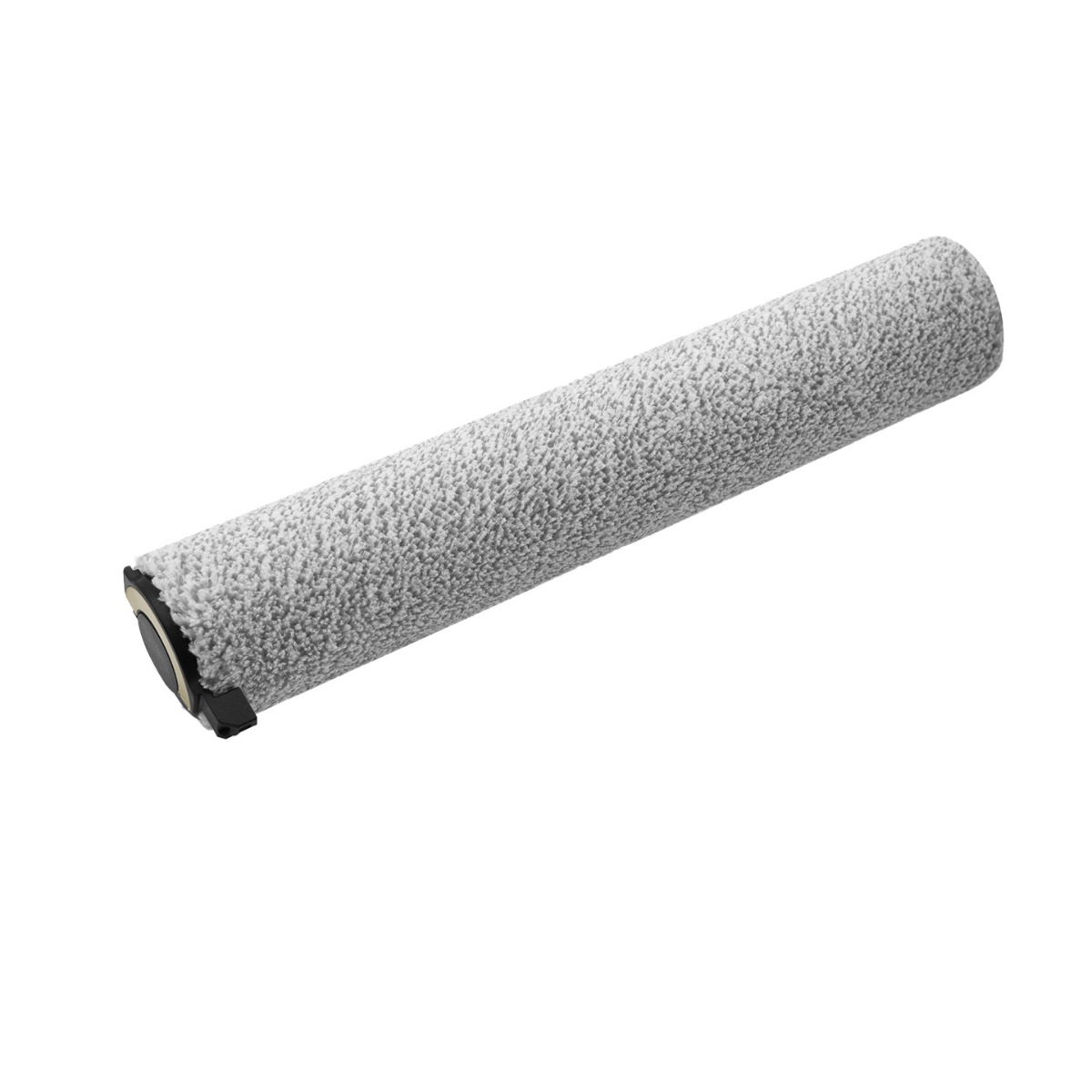 Rouleau de nettoyage gris avec détail de poignée noire sur fond blanc.