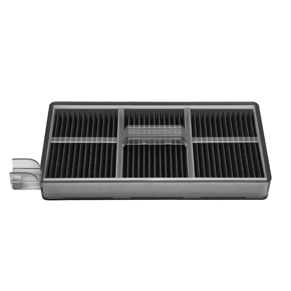 Un filtre à air rectangulaire à trois compartiments et média filtrant noir.