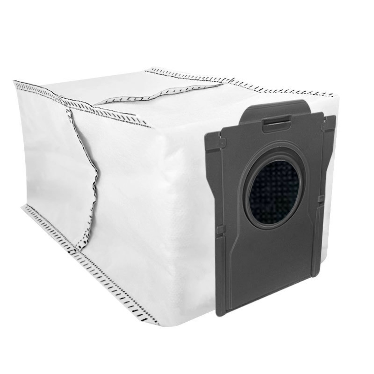 Un sac aspirateur blanc avec un connecteur gris.