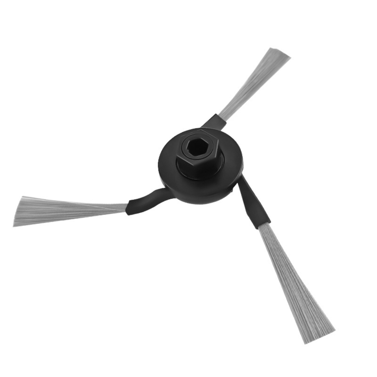 Une tête de brosse latérale noire avec trois bras à poils gris sur fond blanc.