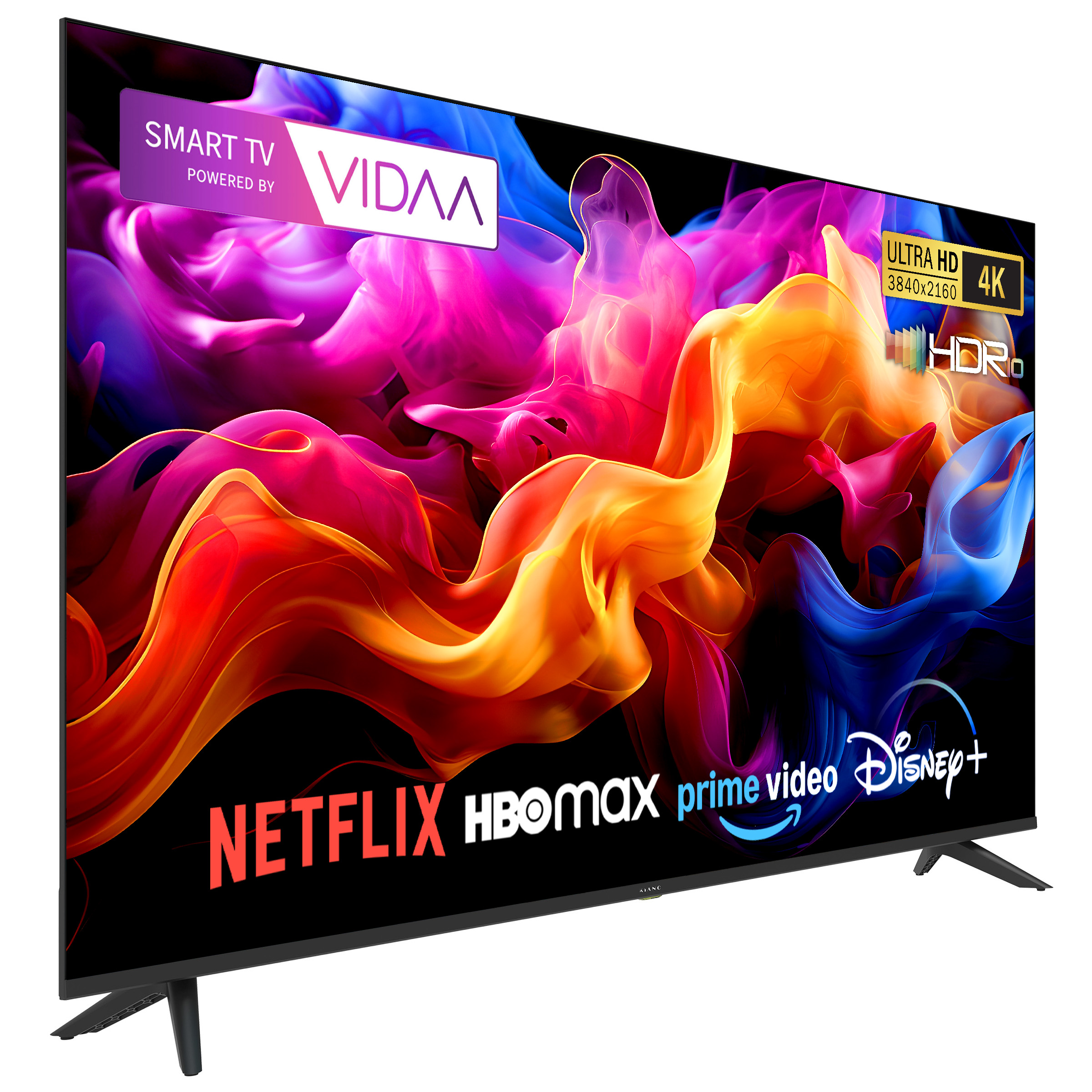 Ein moderner Smart TV mit lebendigem Hintergrund und Streaming-Logos.