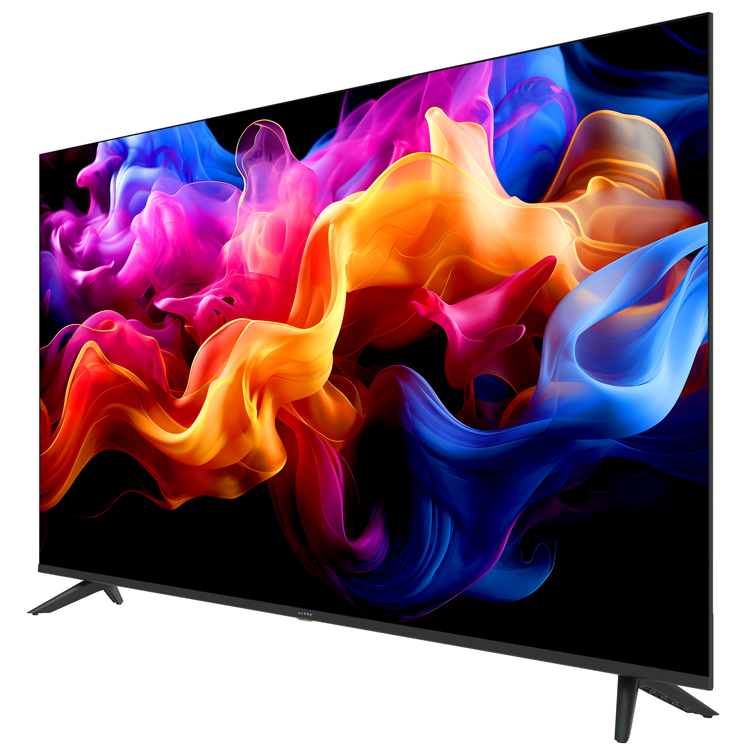 Ein moderner Fernseher mit einem lebendigen, abstrakten Hintergrund in Blau-, Pink- und Orangetönen.
