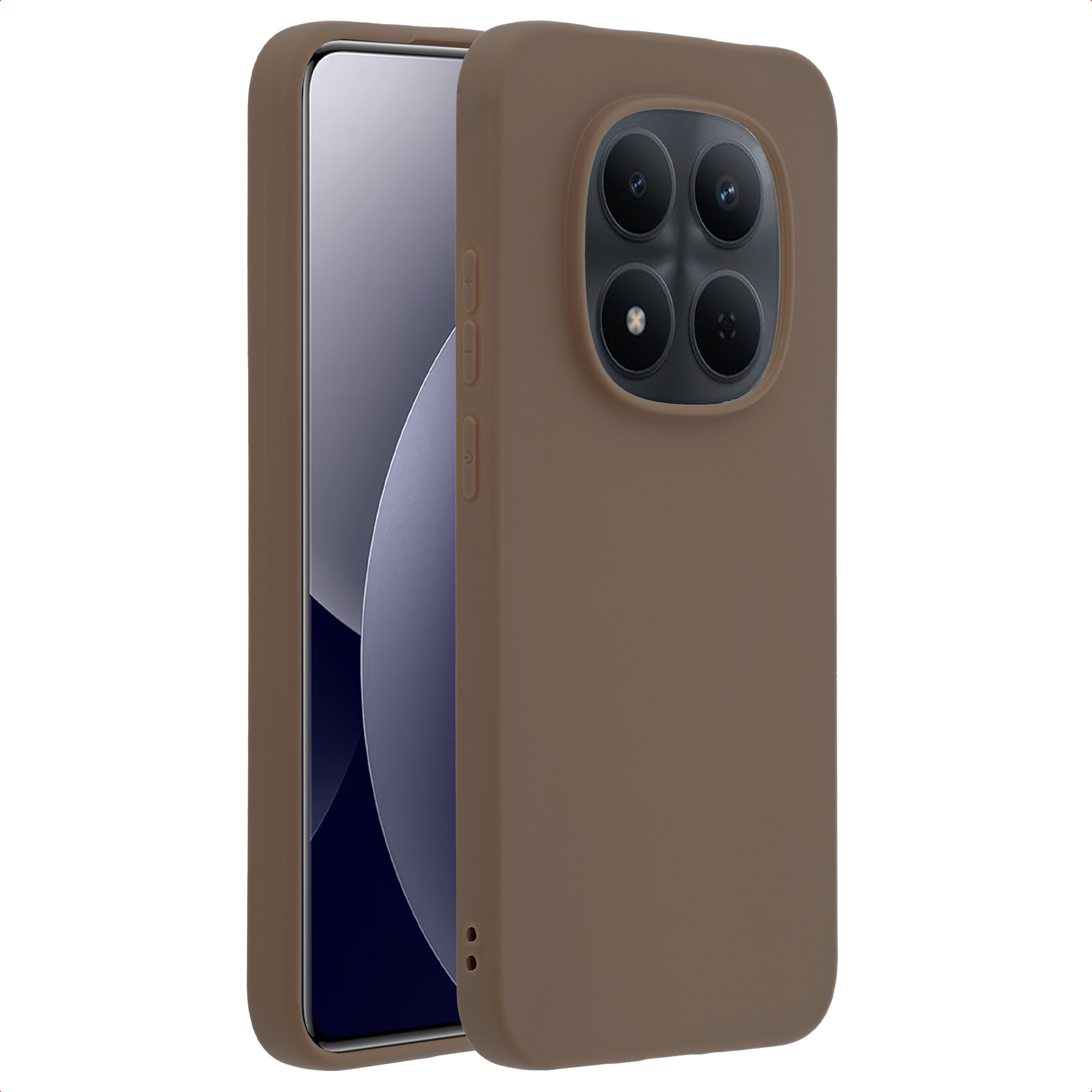 Bruine telefoonhoes met een quad camera-opstelling aan de achterkant.