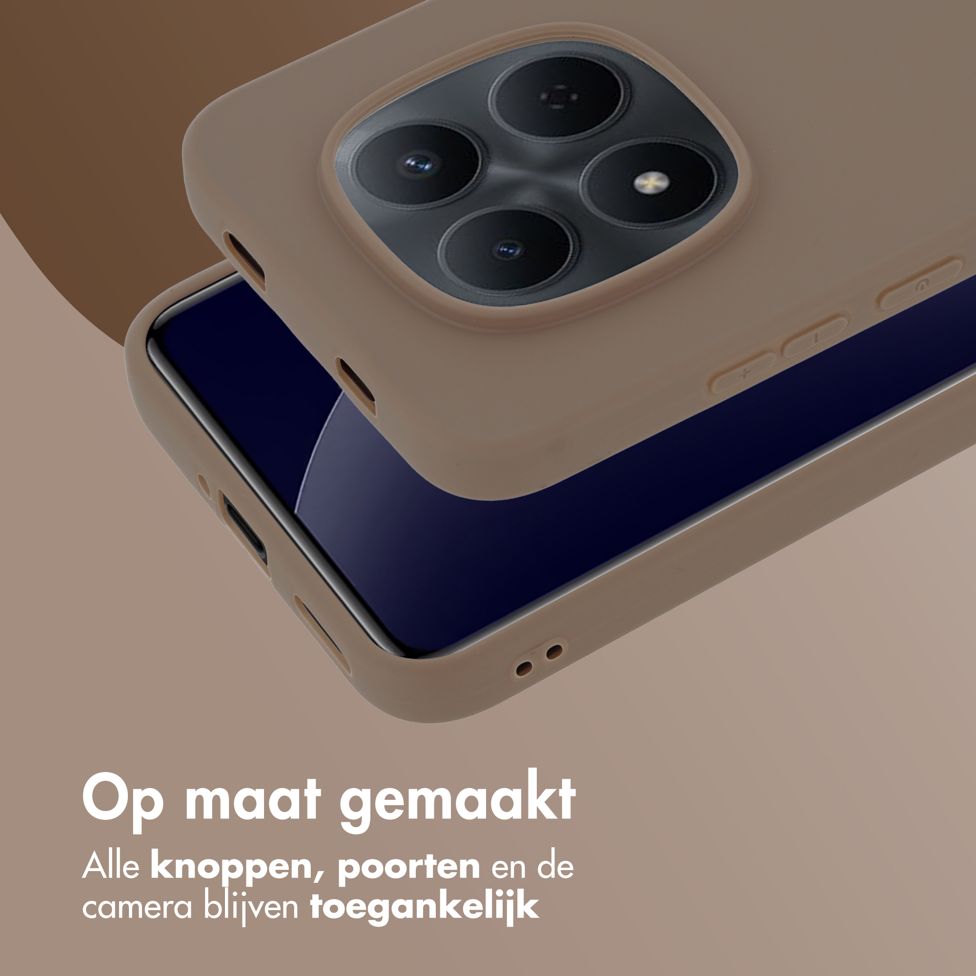 Een beige telefoonhoes met een viervoudig camerasysteem en een donker scherm.