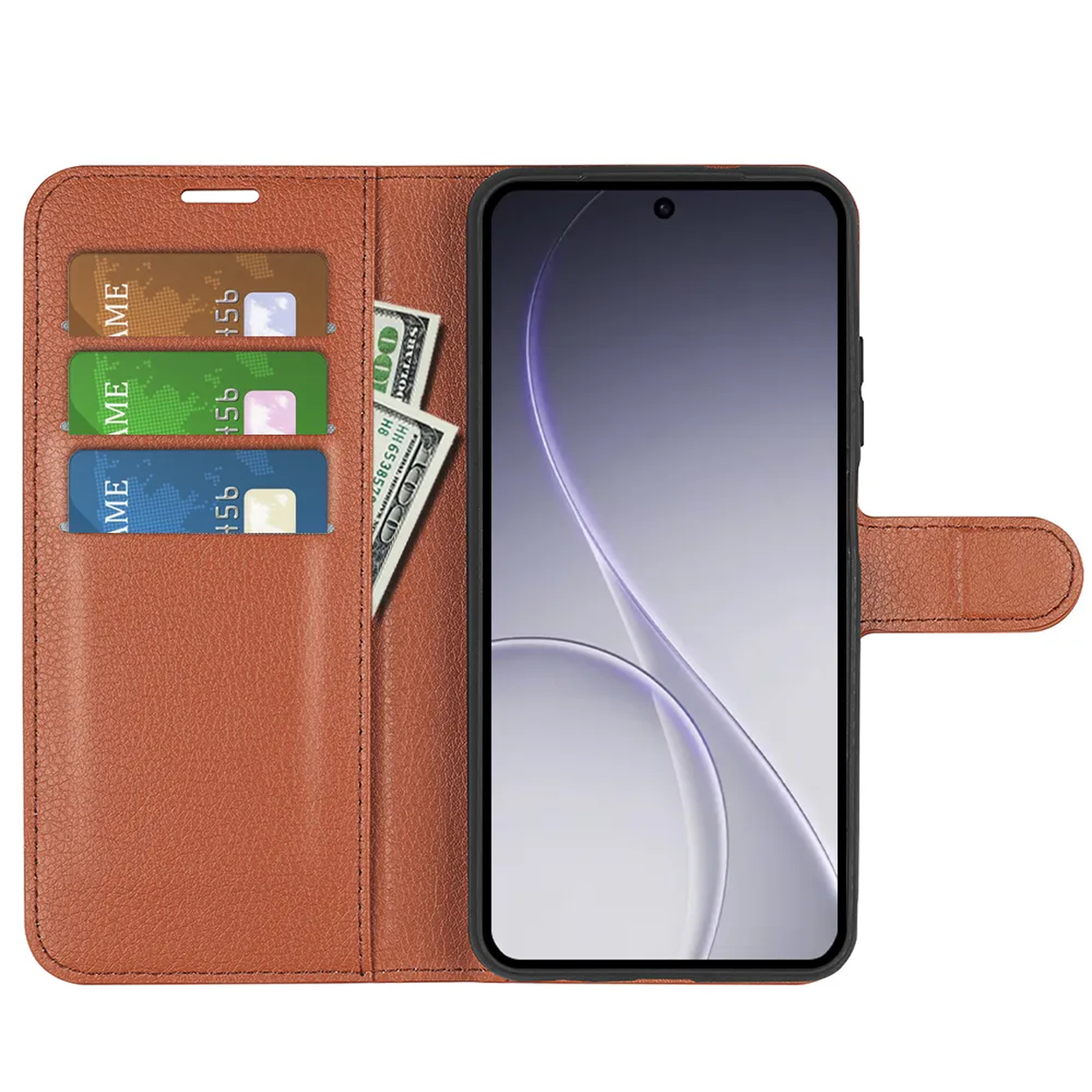 Étui portefeuille en cuir marron avec téléphone, trois cartes et billets.