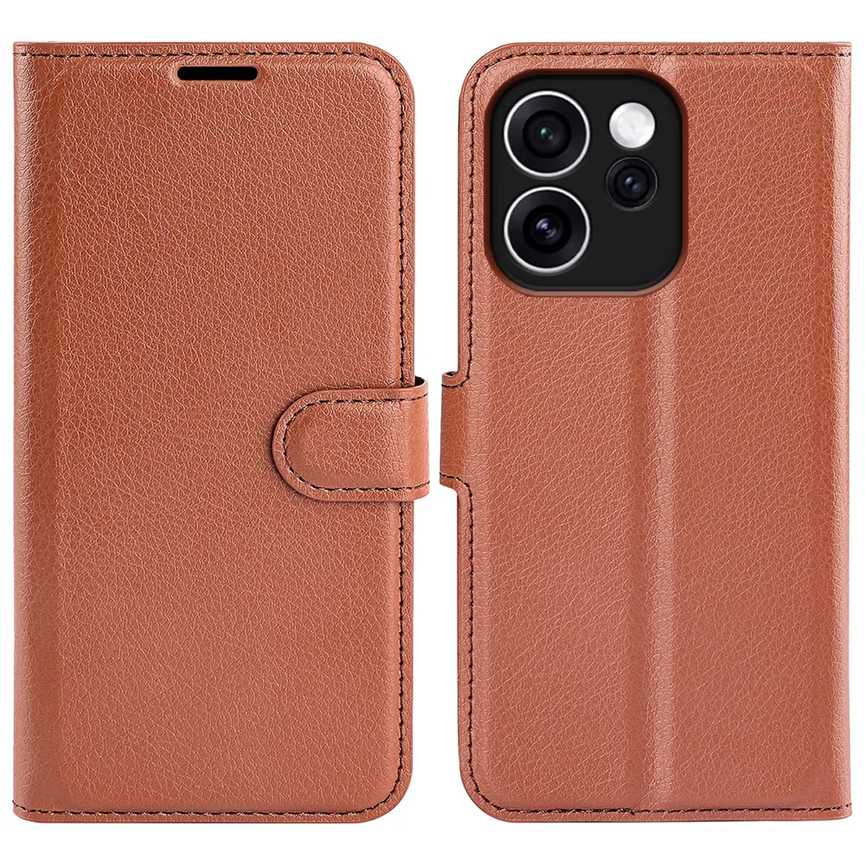 Étui de téléphone en cuir marron avec fente pour carte et fermeture à pression.