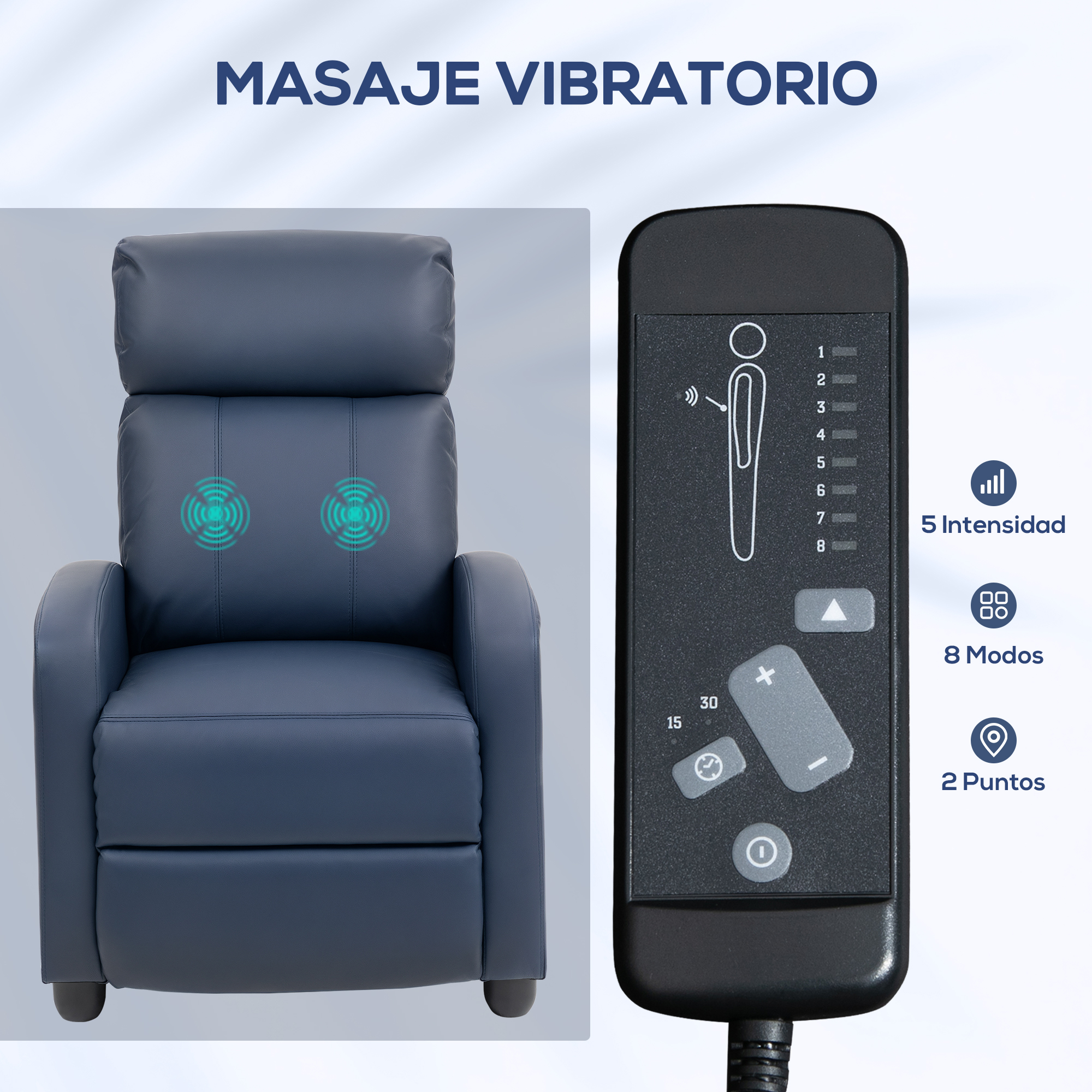 Un sillón de masaje azul con control remoto que muestra intensidad y modos.