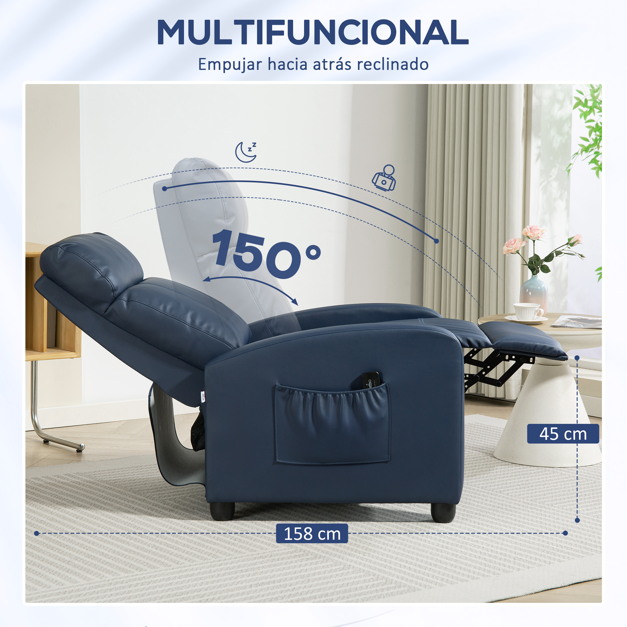 Sillón reclinable azul oscuro inclinado a 150°, medidas 158x45cm.