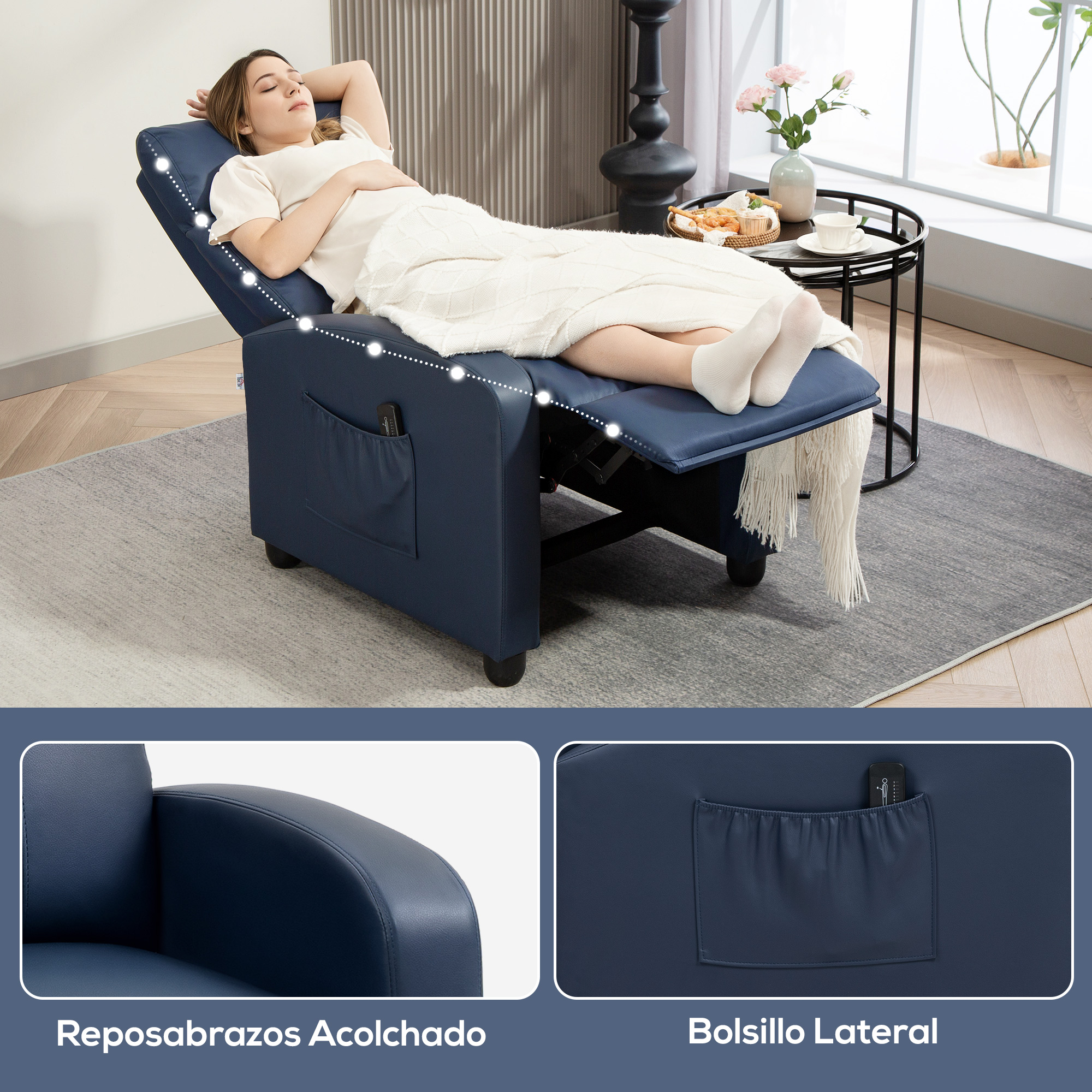 Mujer relajándose en un sillón reclinable azul con manta y control remoto.