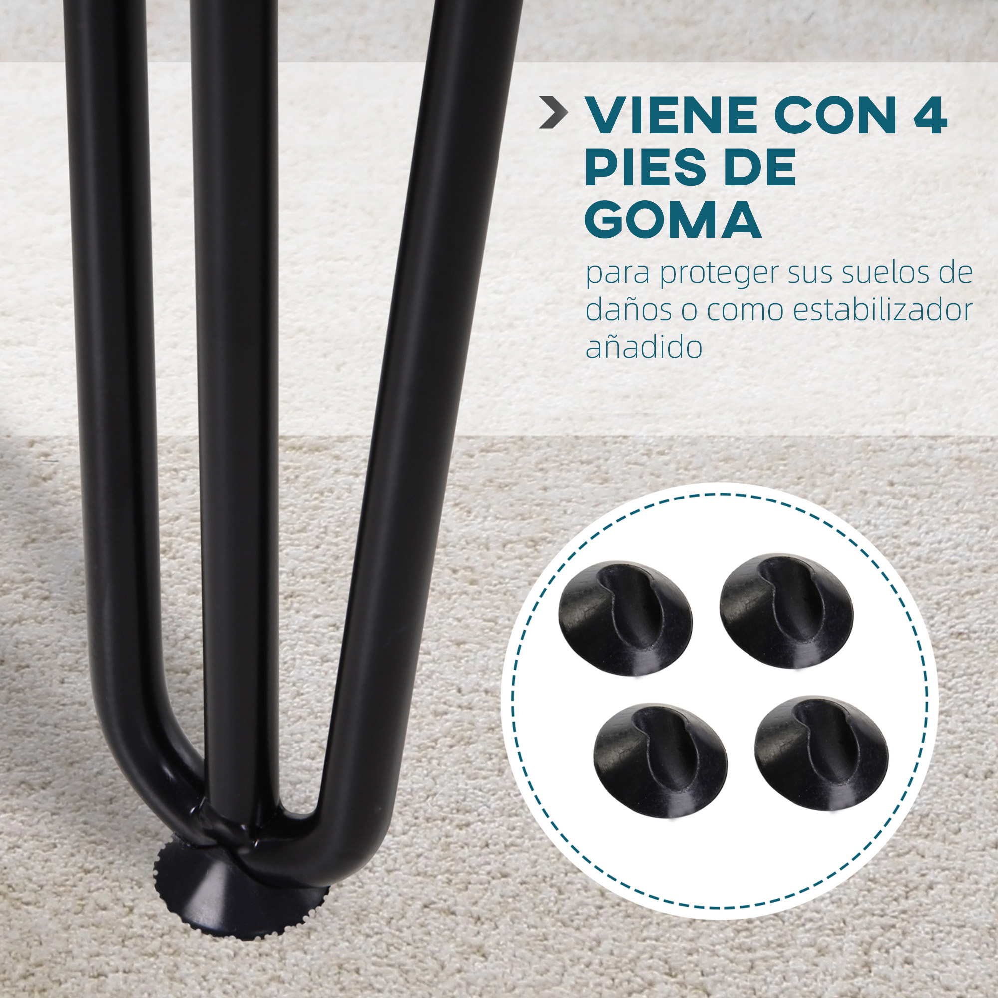 Patas negras de mueble con 4 protectores de goma para suelos.