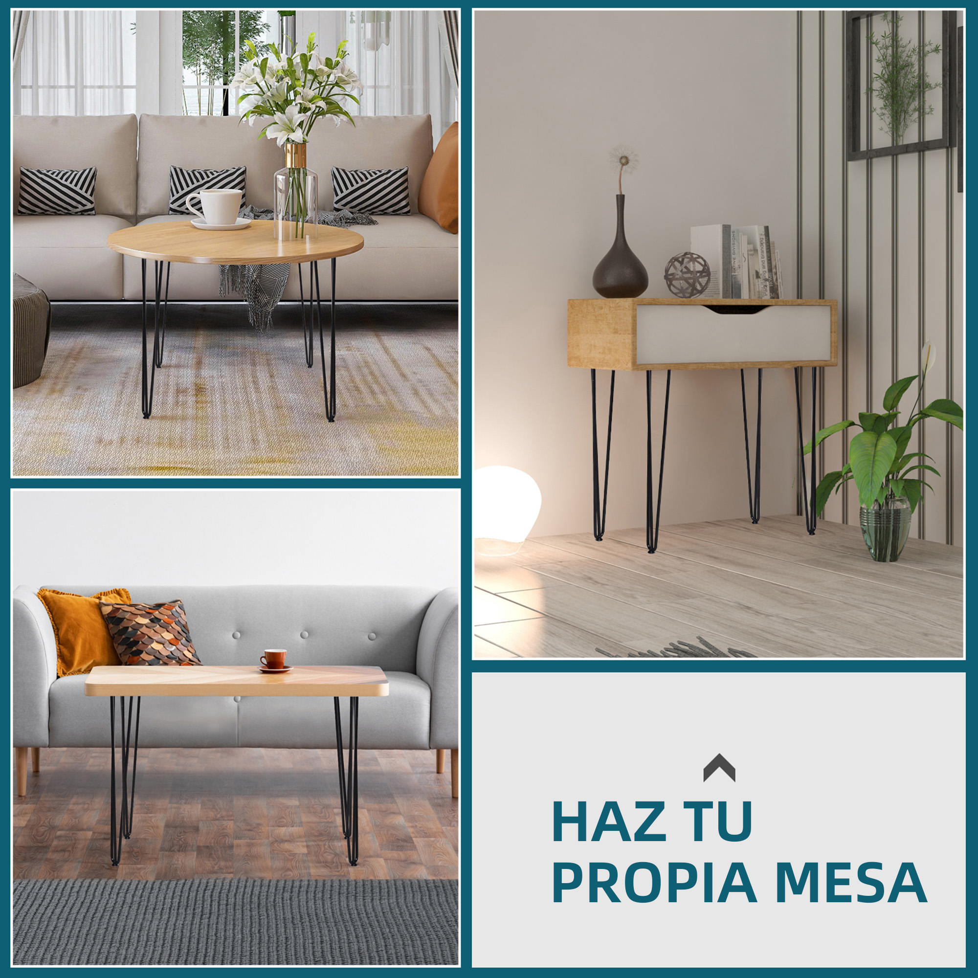 Cuatro escenas de sala con mesas de madera y patas de horquilla negras.