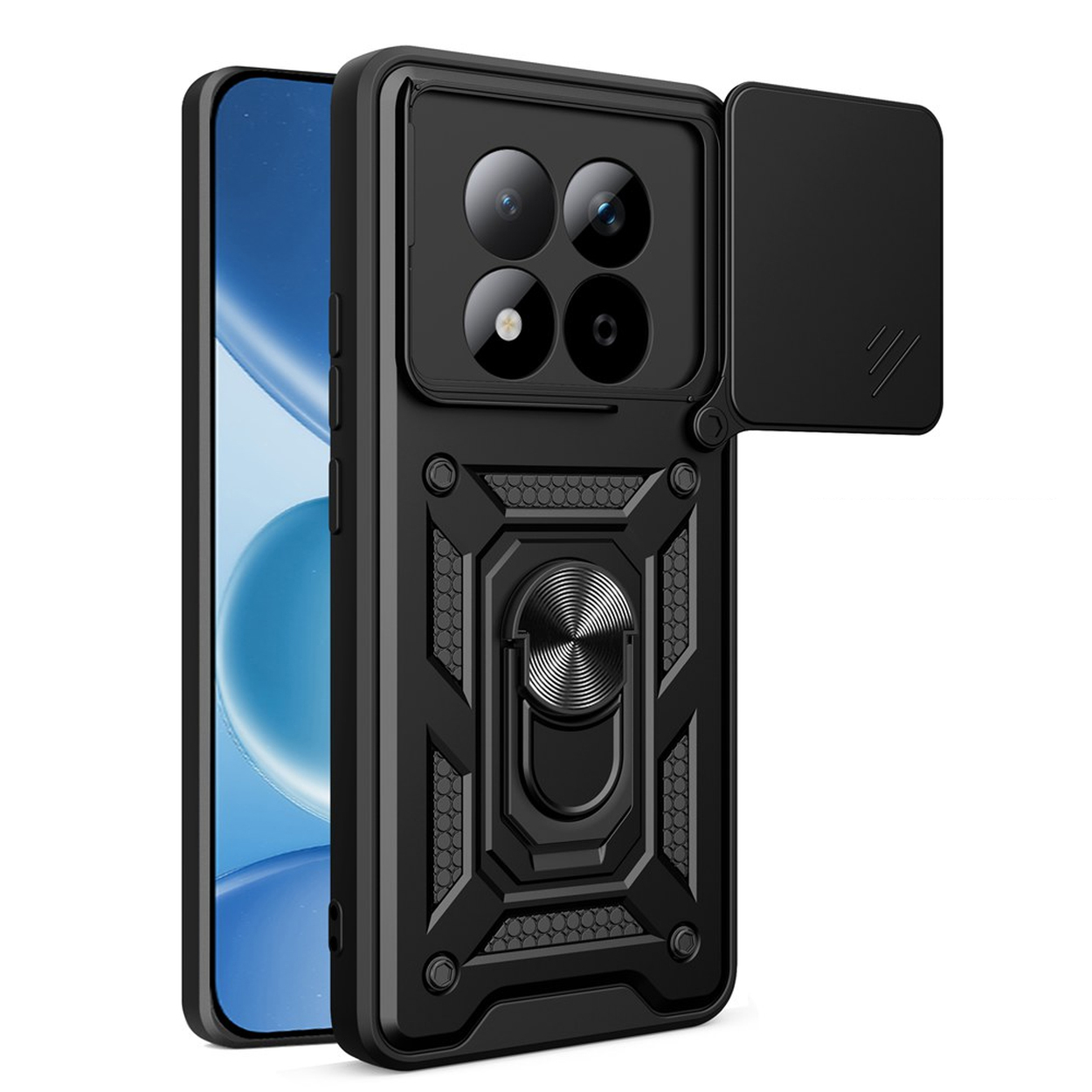 Zwarte telefoonhoes met vier camera's, ringhouder en schuifhoes.