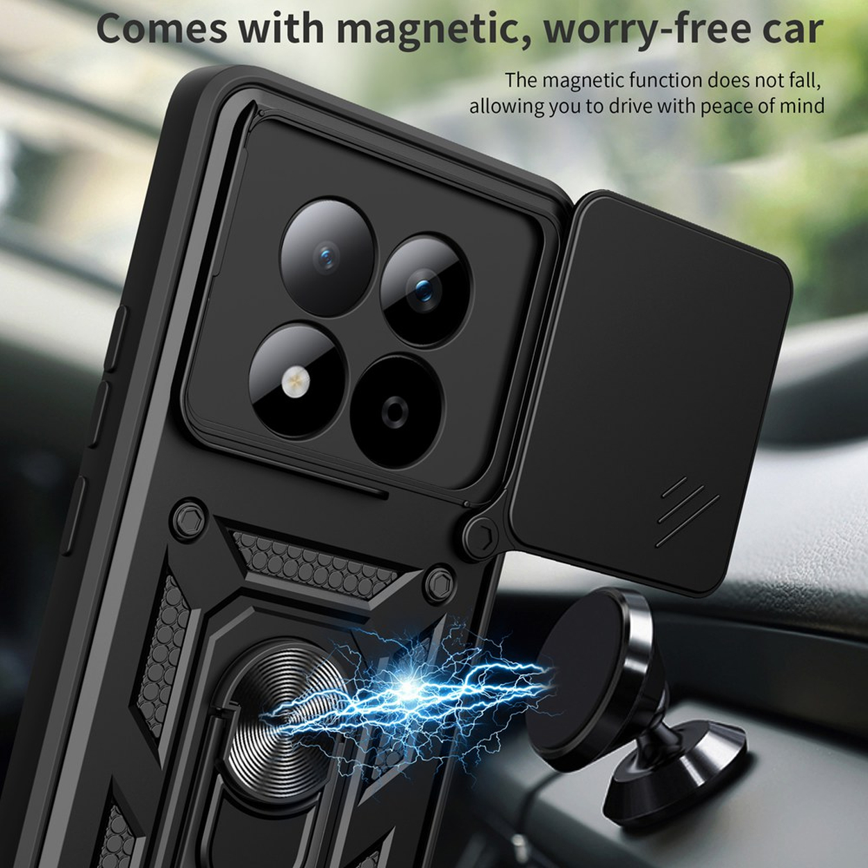 Zwarte telefoonhoes met magnetische houder, lenzen en bliksemeffect.
