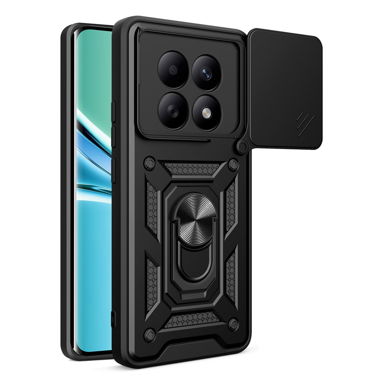 Coque de téléphone noire avec cache-objectif et support anneau.