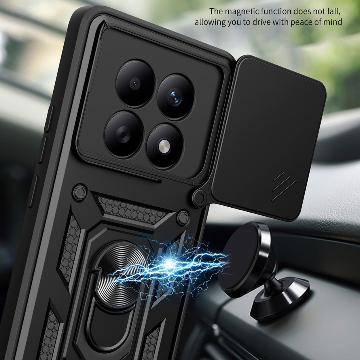 Zwarte telefoonhoes met cameradekking, ringhouder en magneetbevestiging.
