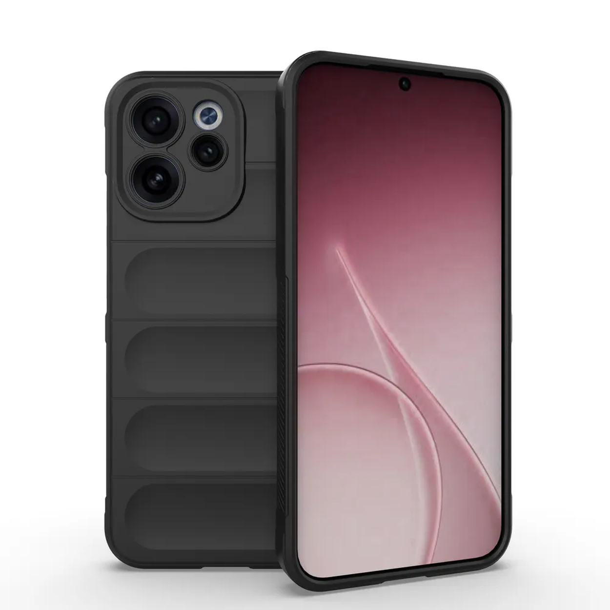 Coque de téléphone noire avec découpes pour appareil photo, à côté un smartphone à écran rose.