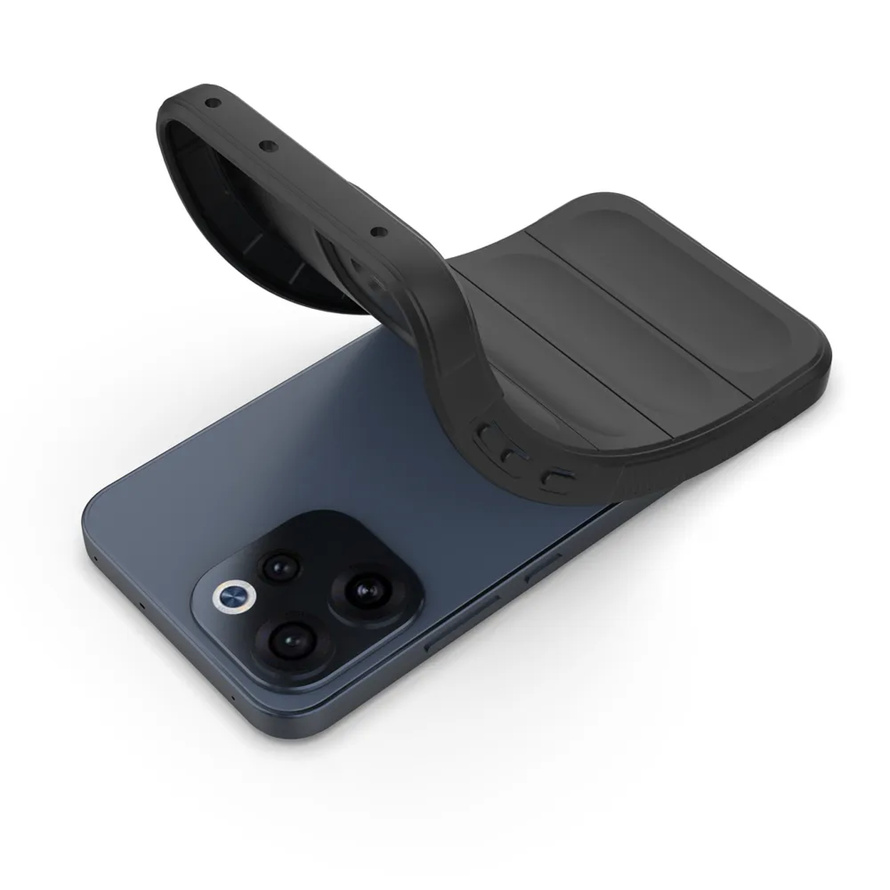 Coque de téléphone noire posée sur un smartphone bleu.