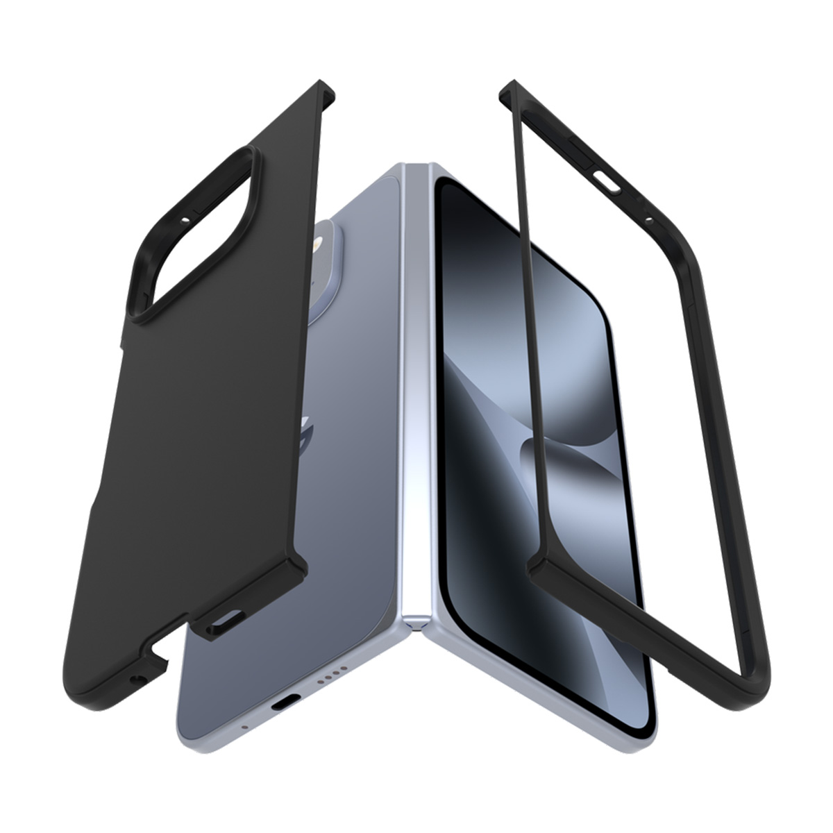 Uno smartphone grigio con telaio e custodia protettiva neri, smontato.