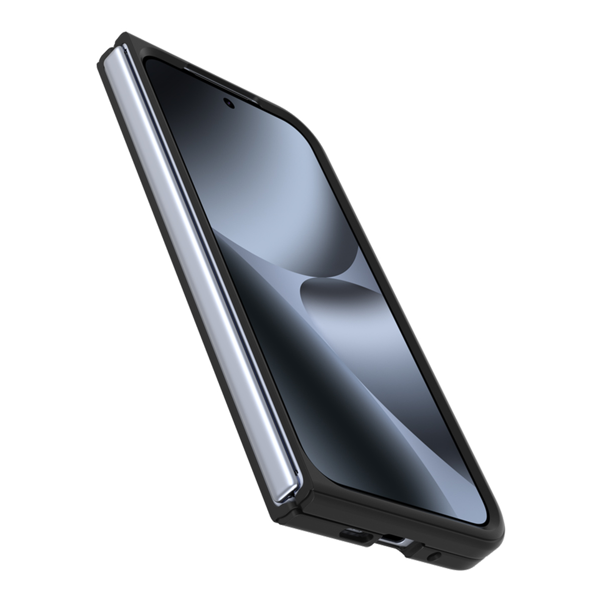 Uno smartphone nero con cornice argentata, in profilo 3/4.