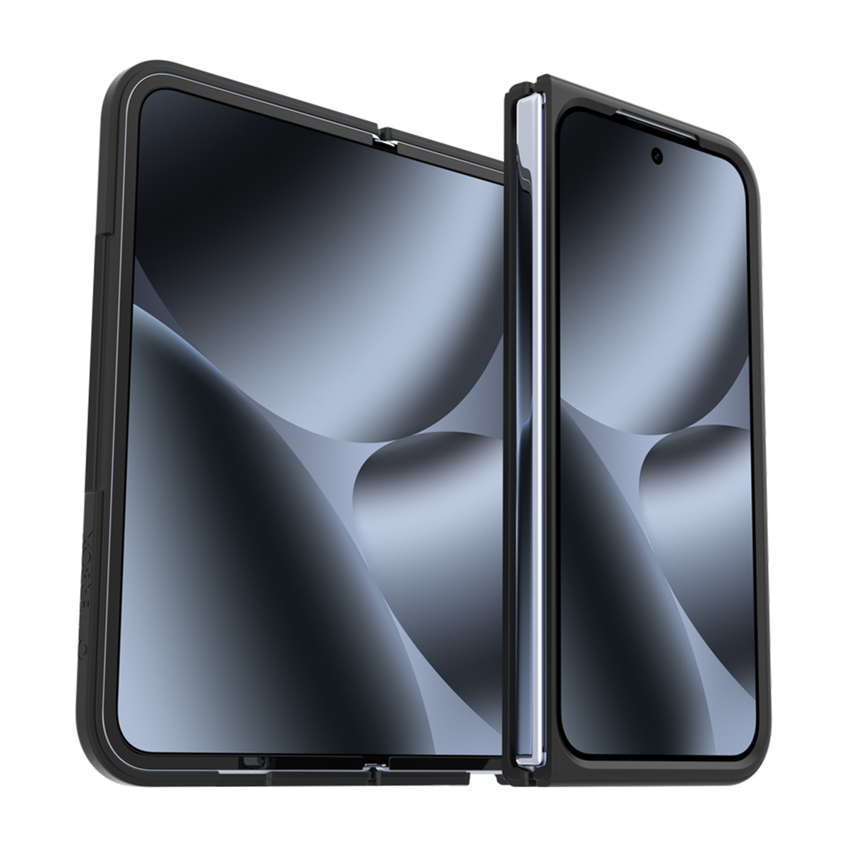 Un telefono pieghevole nero con due schermi su sfondo bianco.