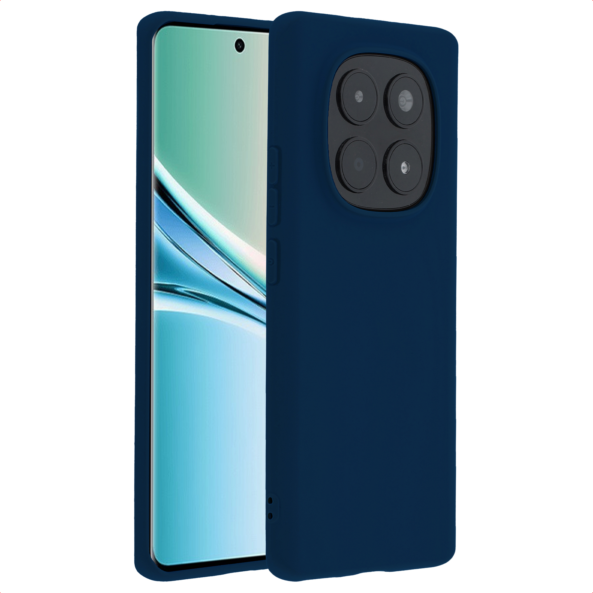 Coque de téléphone bleu foncé avec quadruple appareil photo.