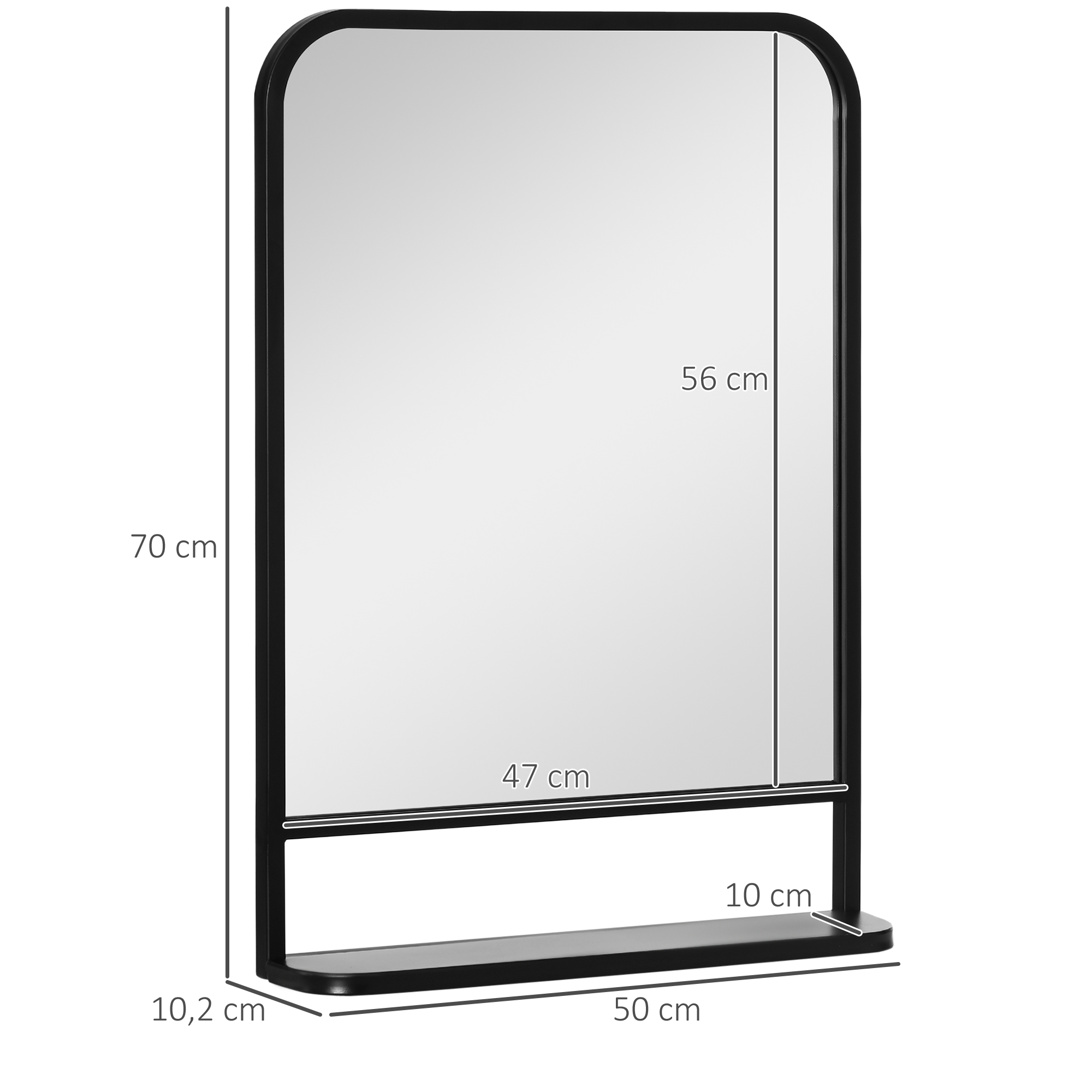 Un espejo rectangular con marco negro y una repisa. Se indican las dimensiones.