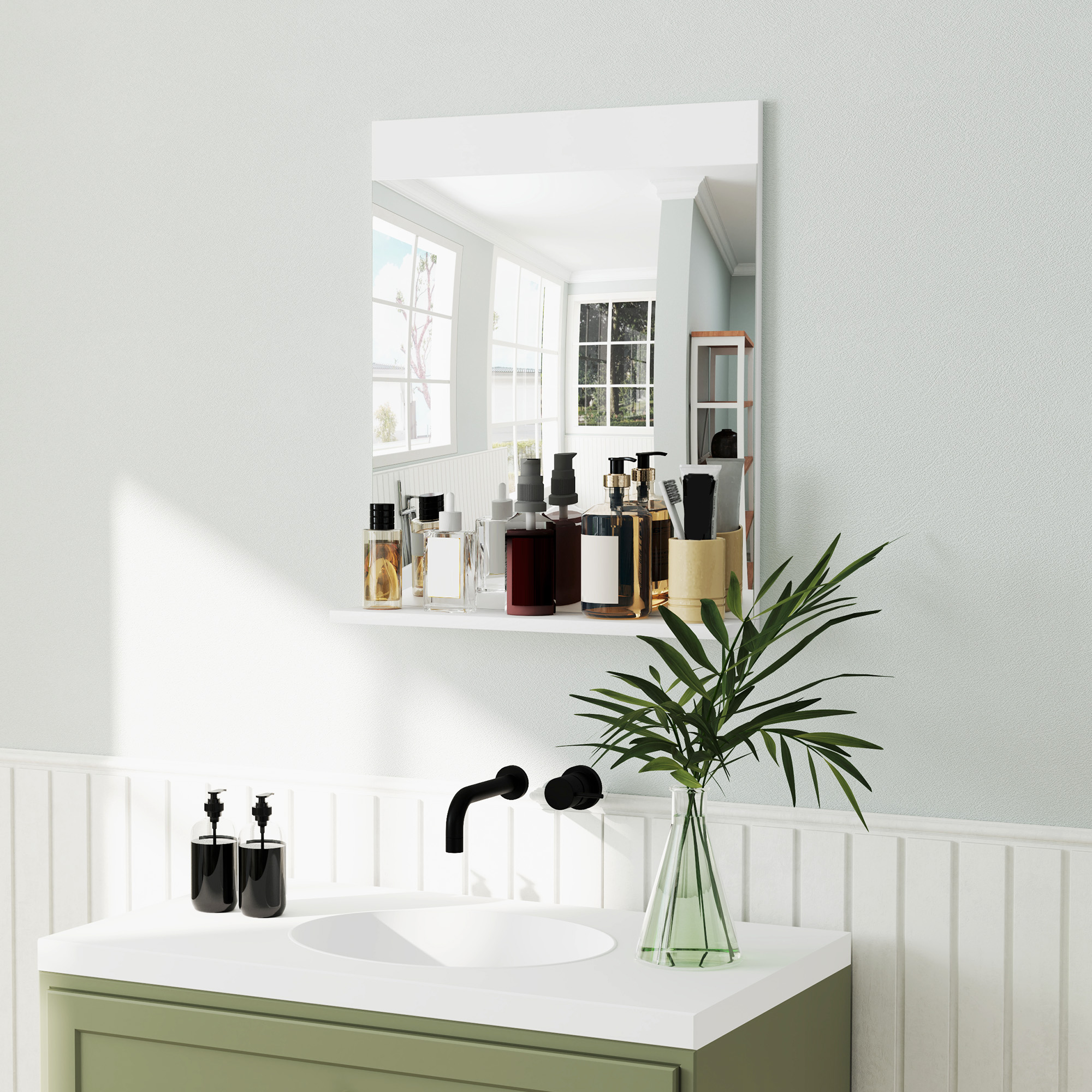 Un mueble de baño con lavabo, espejo y botellas decorativas en el estante.