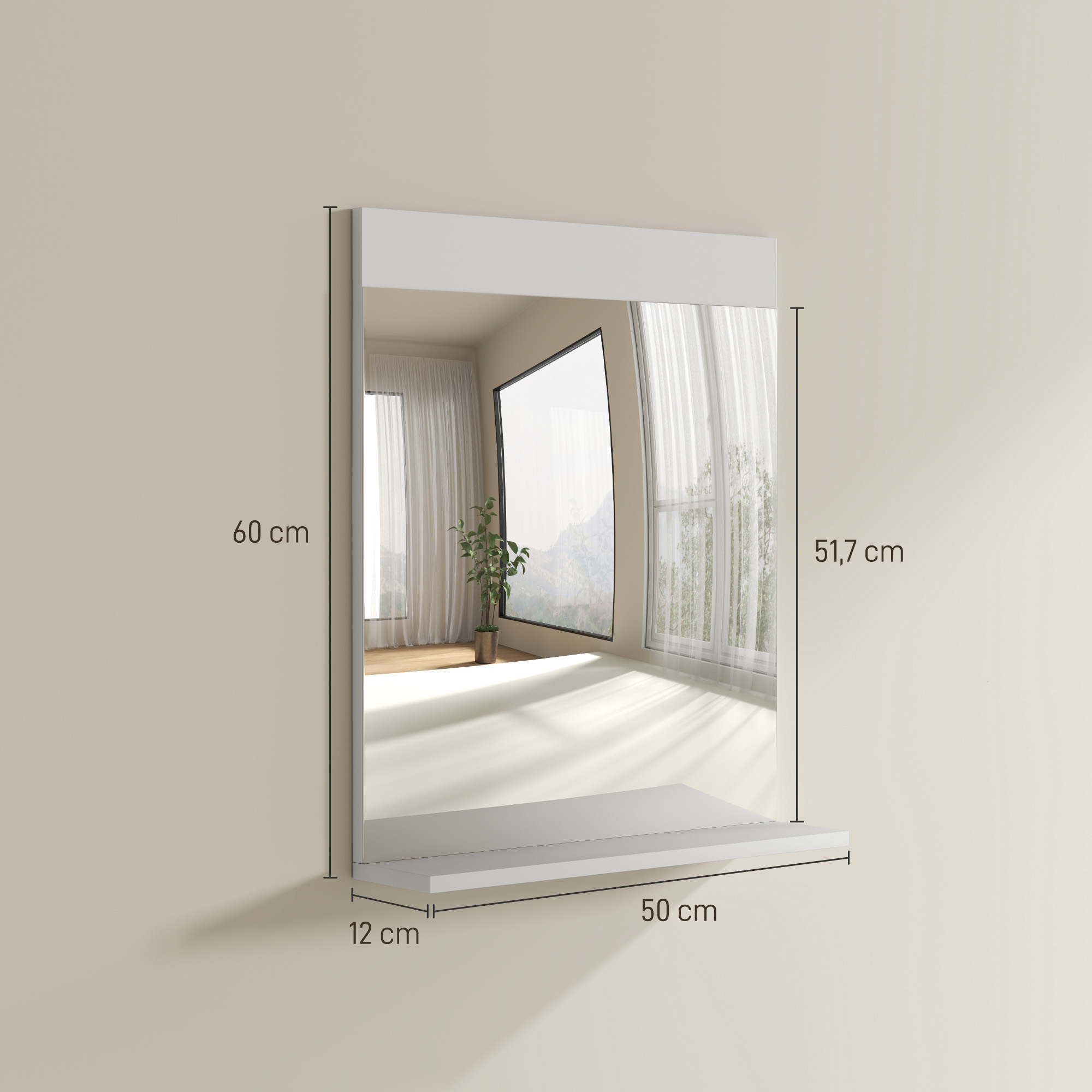 Un espejo blanco con estante. Dimensiones: 60x51.7 cm, estante 50x12 cm.