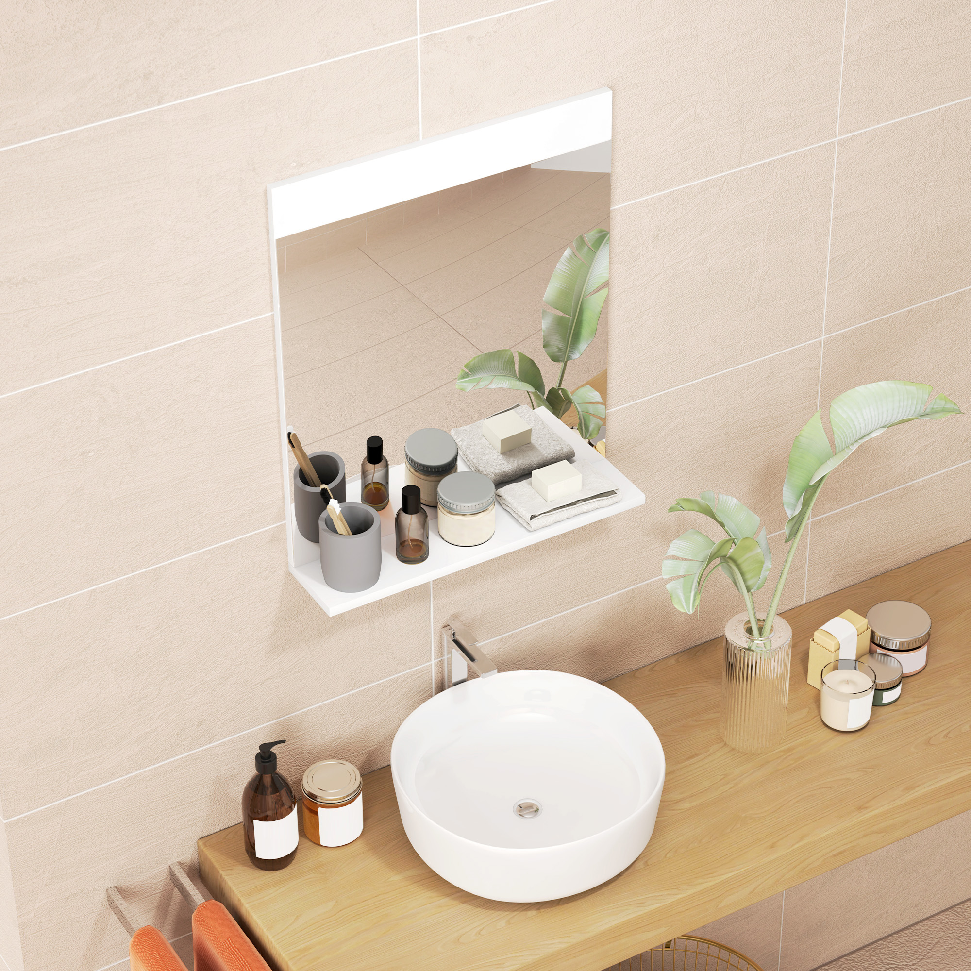 Tocador de baño con lavabo, espejo, jabones, lociones y plantas.