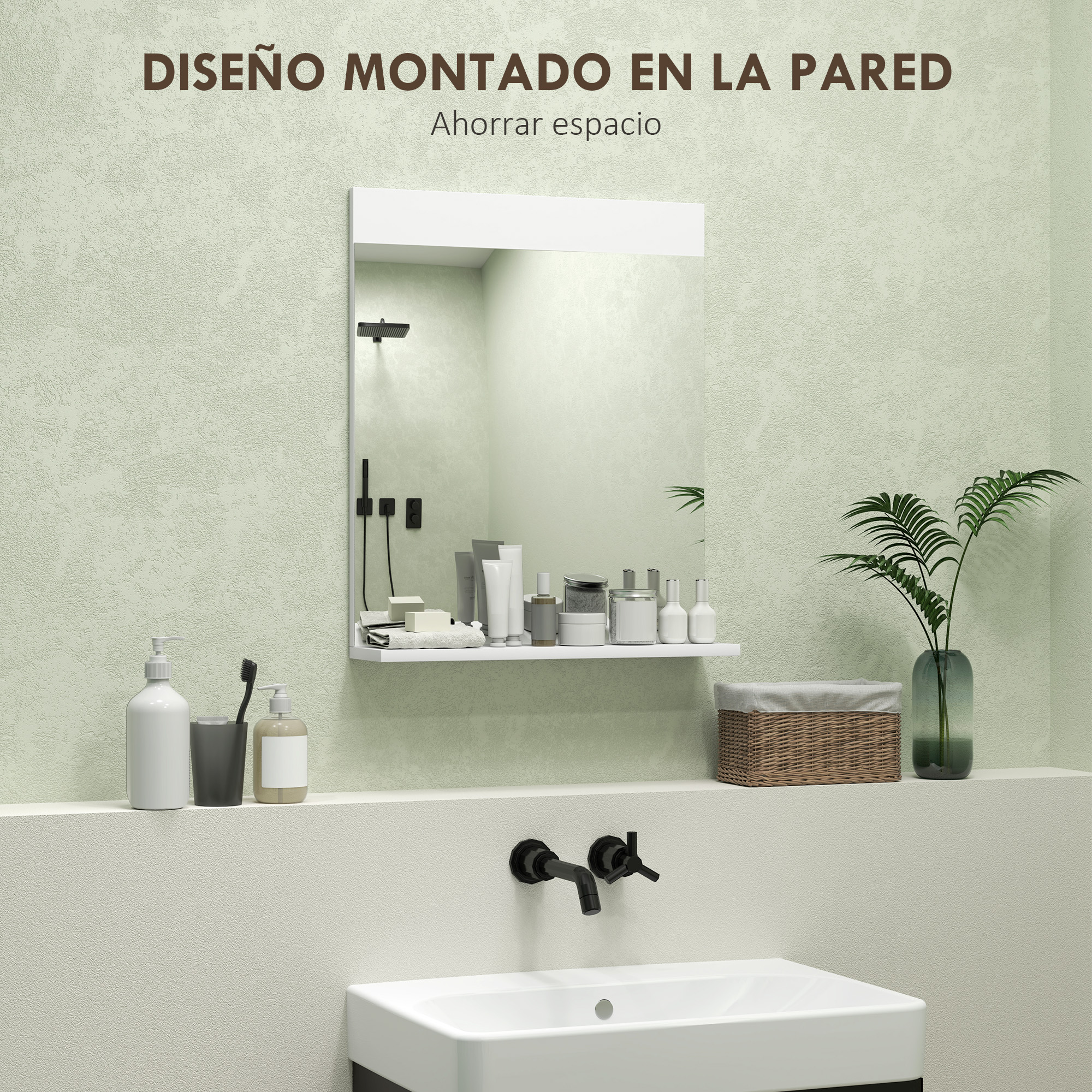 Tocador de baño con lavabo, espejo, dispensadores de jabón y planta.