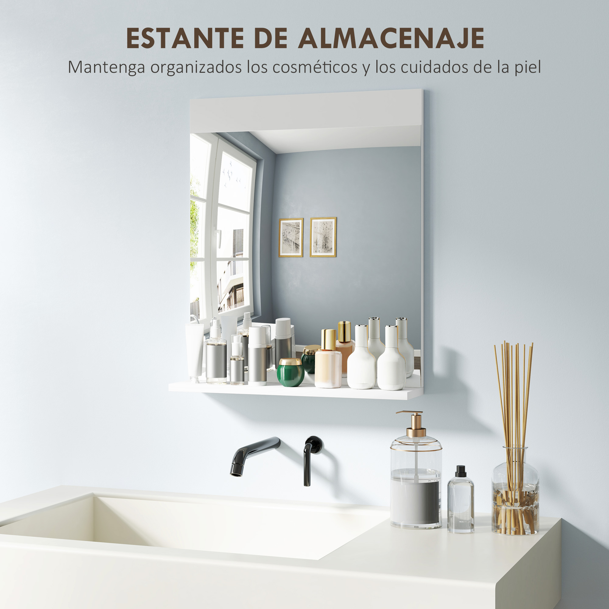 Un estante de baño con cosméticos sobre un lavabo.