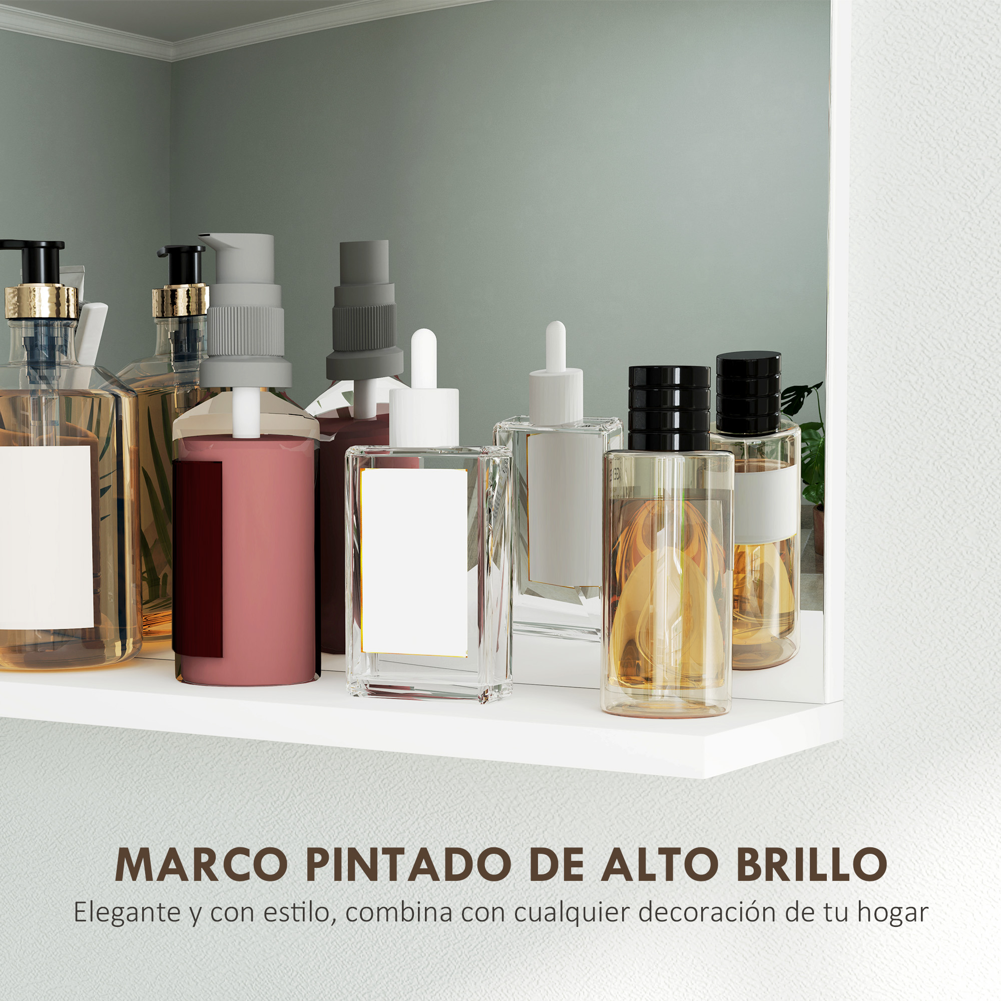 Varias botellas de cosméticos con dispensadores y goteros en un estante.