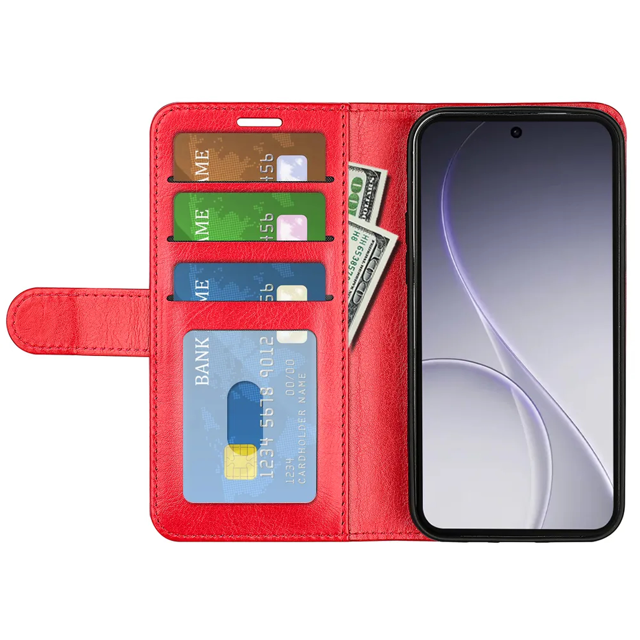 Rode portemonneehoes met creditcards, ID en contant geld, naast een smartphone.