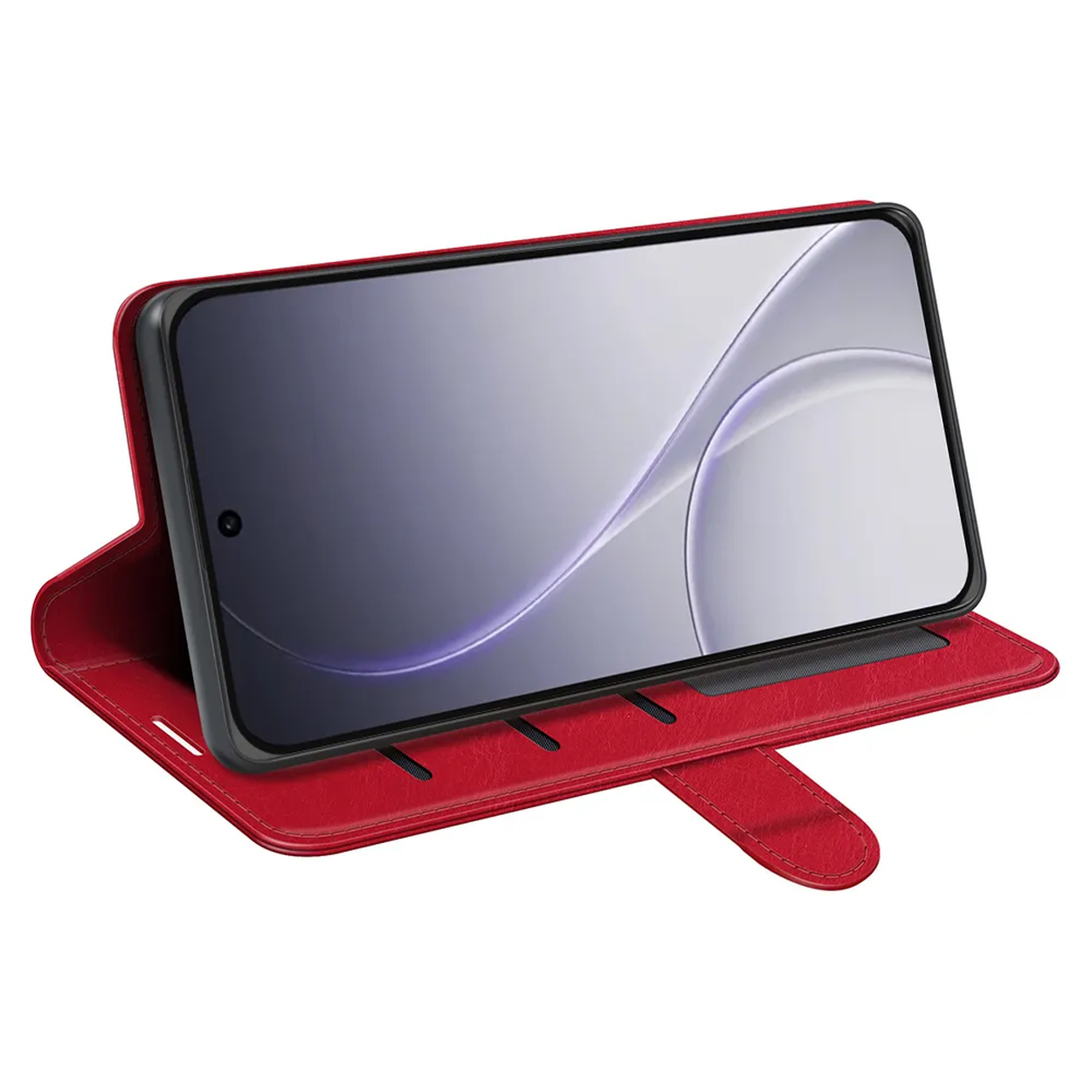 Rode smartphone flipcase met open scherm, staand op witte achtergrond.
