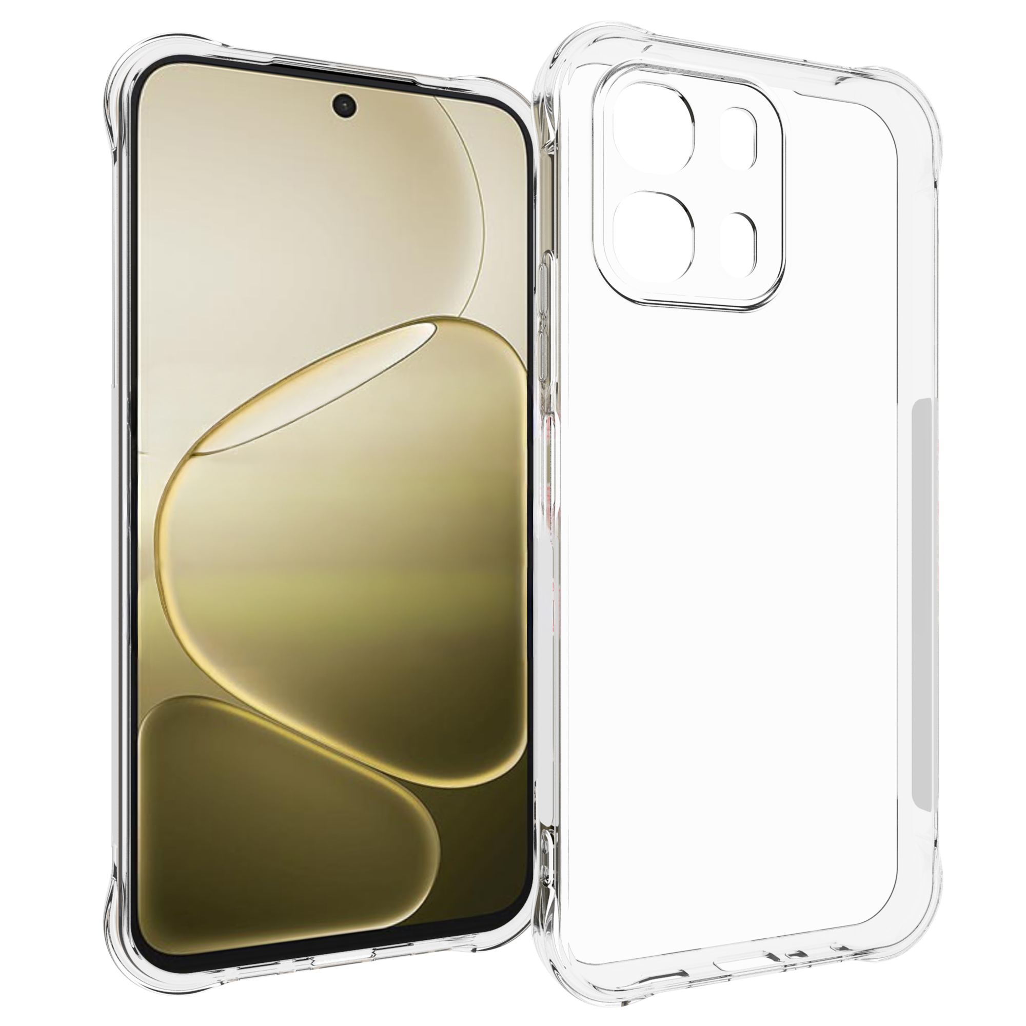 Transparante telefoonhoes met uitsparingen voor camera en knoppen.