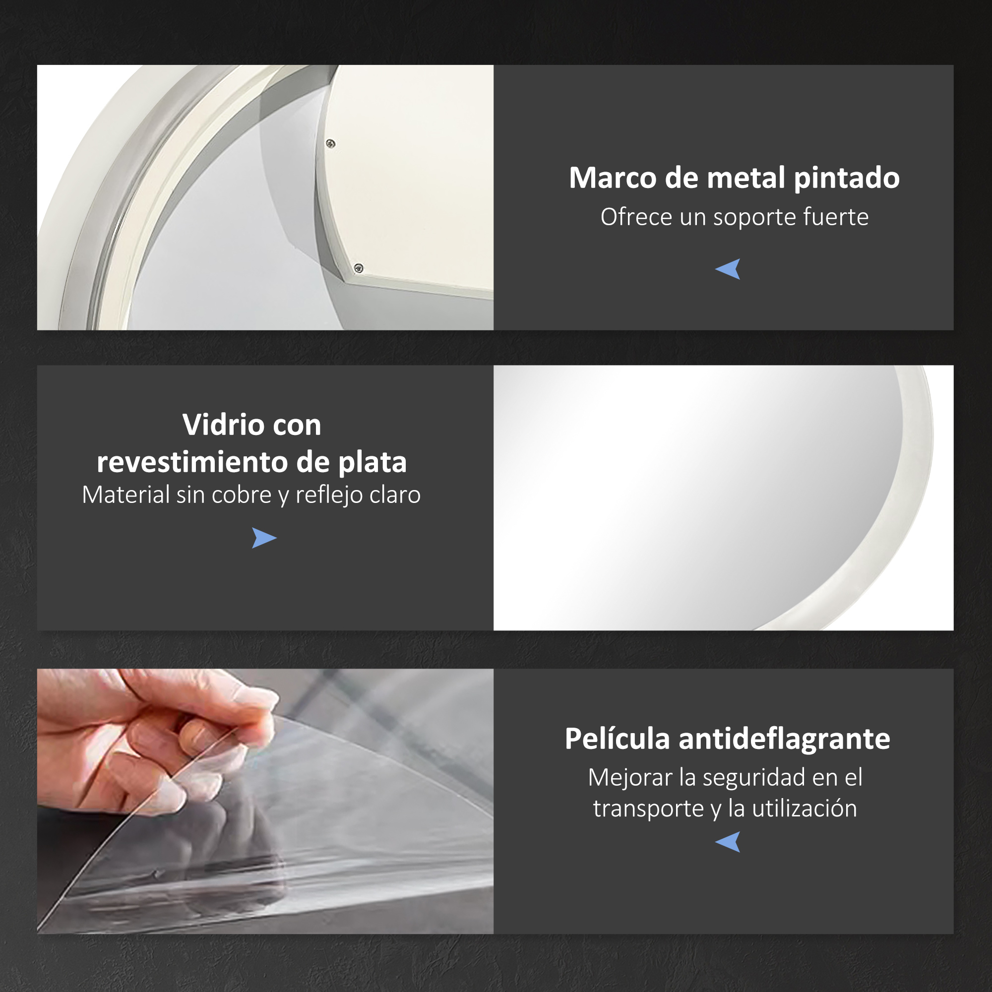 Un espejo con revestimiento de plata, marco de metal y película protectora.