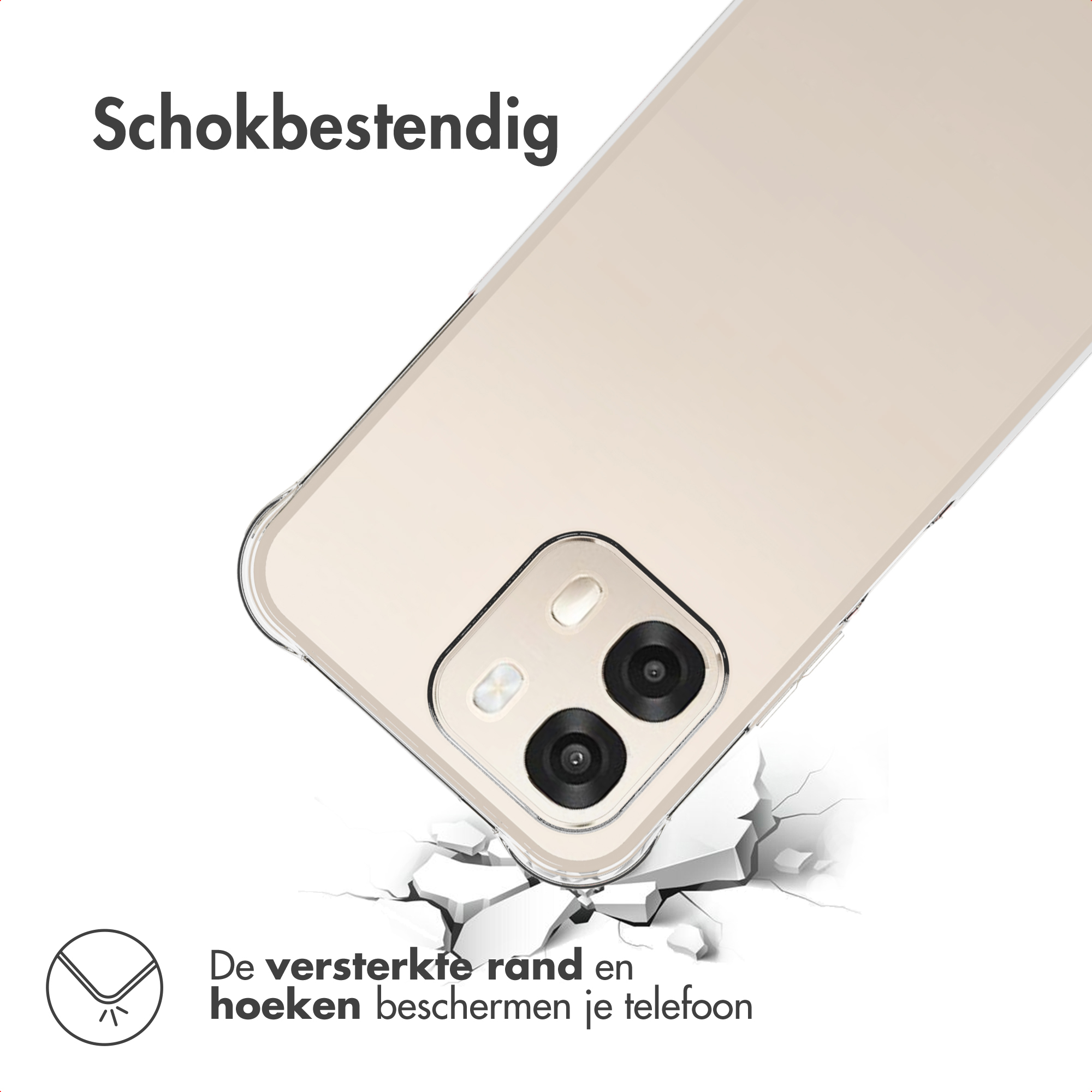 Een doorzichtige telefoonhoes beschermt een telefoon tegen impact.