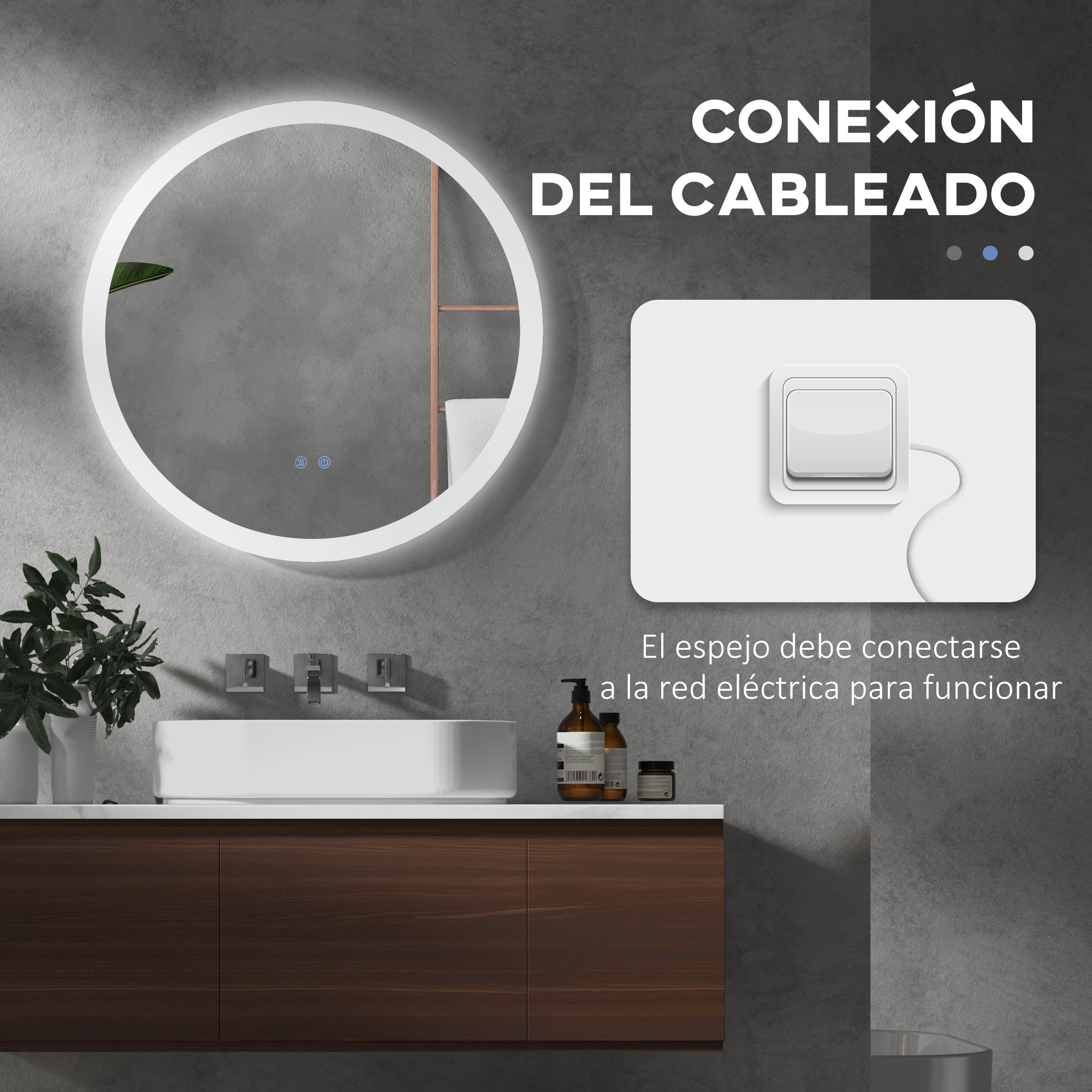 Espejo retroiluminado sobre lavabo con mueble de madera. Se muestra un interruptor.