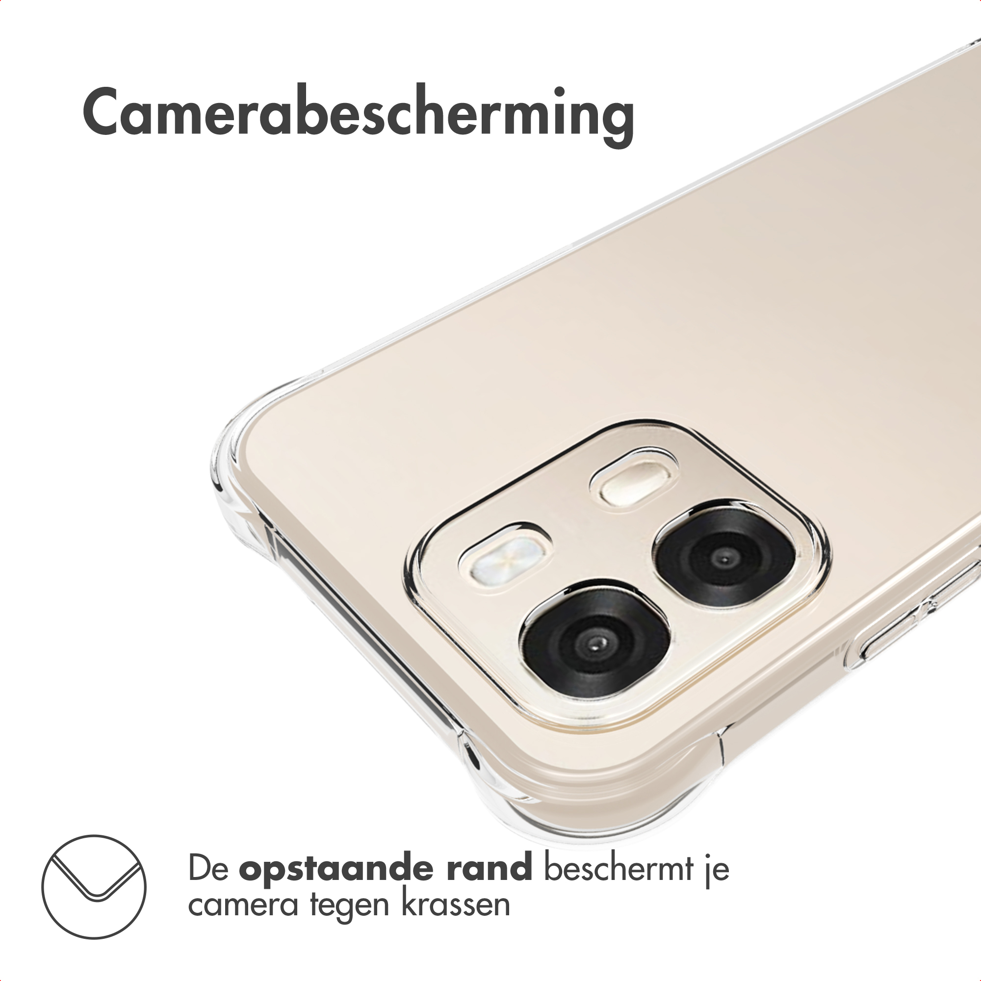 Doorzichtige telefoonhoes met verhoogde rand beschermt camera tegen krassen.