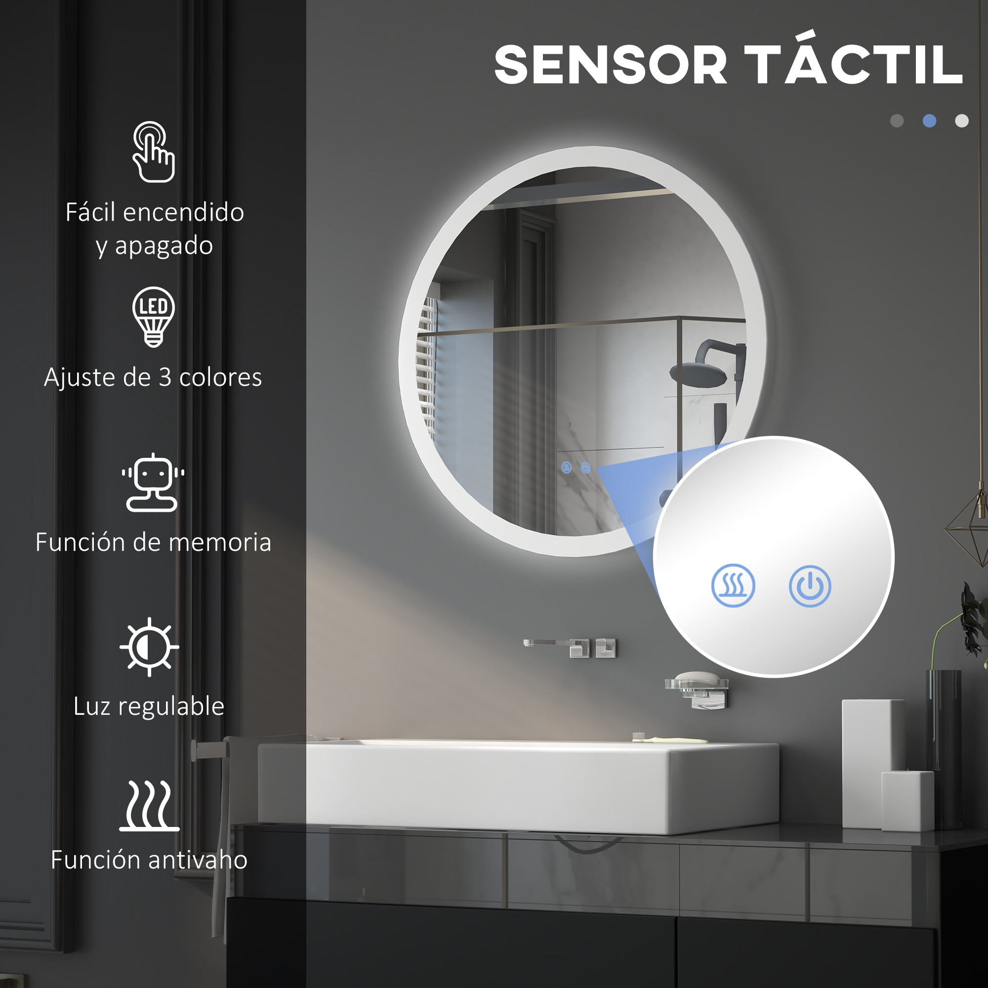 Un espejo redondo con LED y controles táctiles, anunciado para un baño.