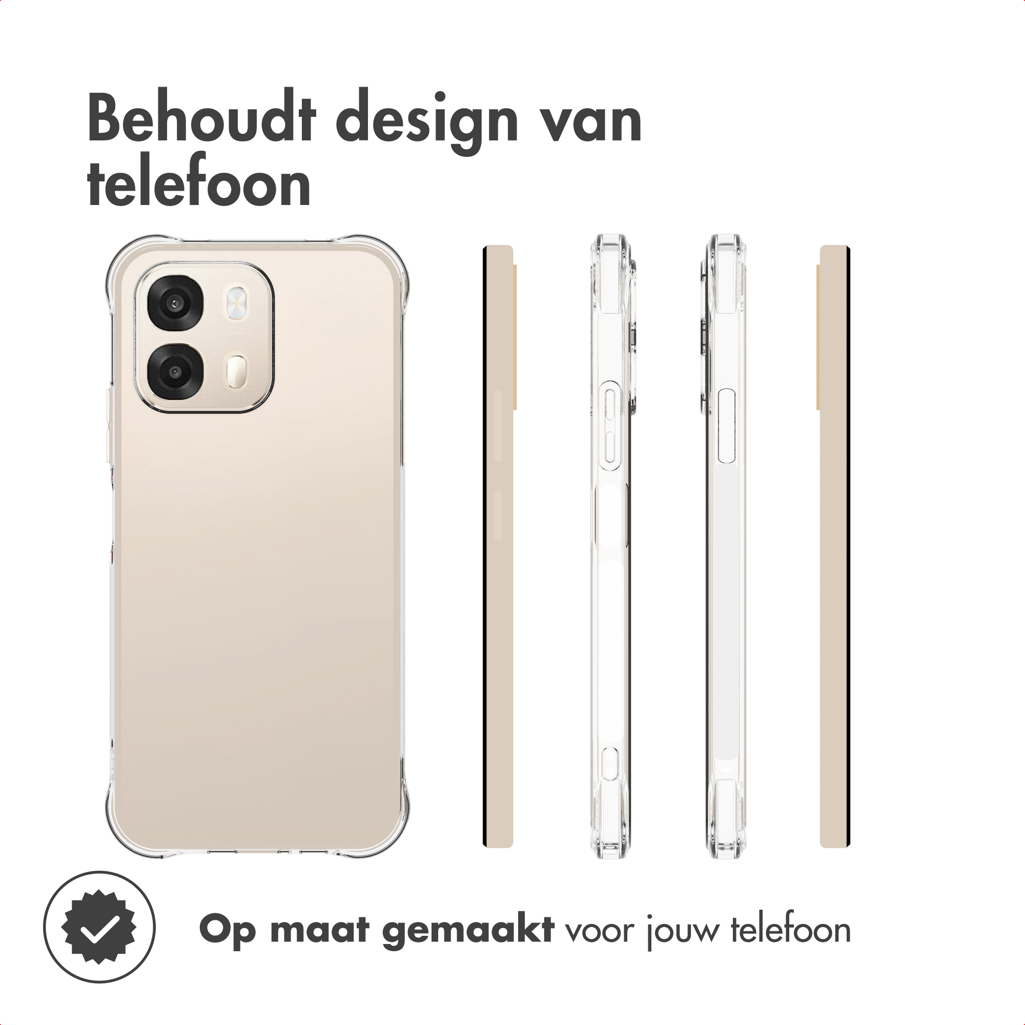 Een doorzichtig telefoonhoesje design met een lichtbeige telefoon en zijaanzichten.