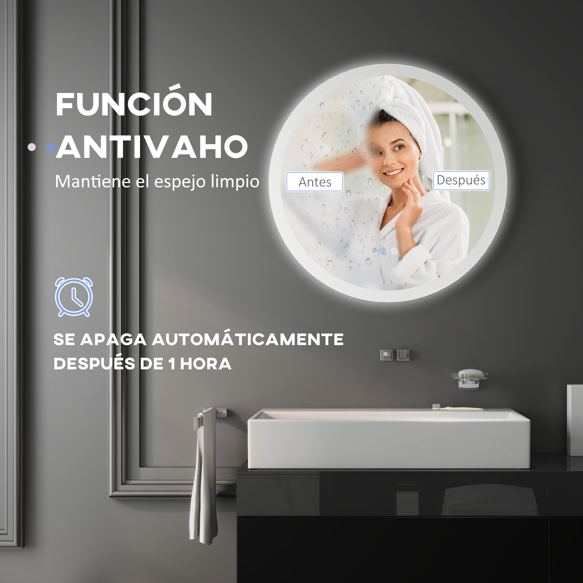 Espejo de baño con función antivaho y foto de mujer antes y después.